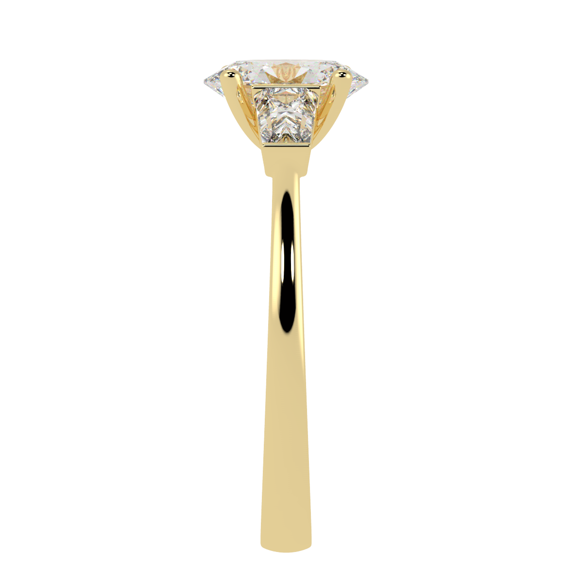 Oval & Baguette Three Stone Ring in yellow gold, side view