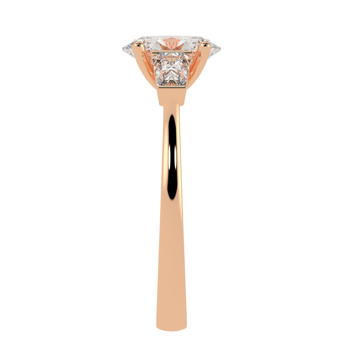 Oval & Baguette Three Stone Ring in rose gold, side view