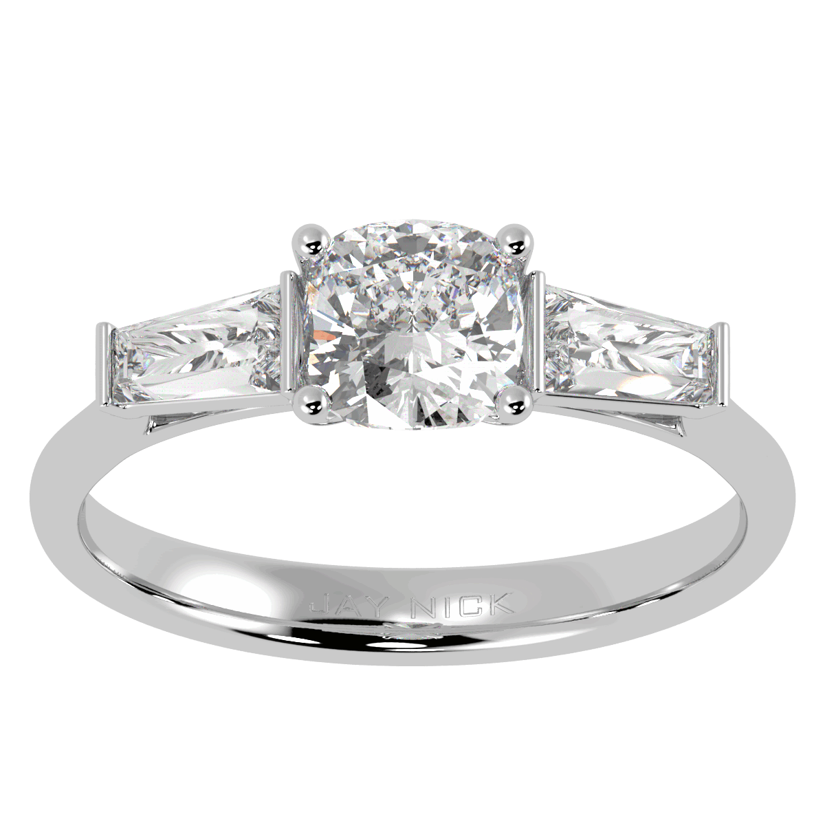 Cushion & Baguette Three Stone Ring in white gold or platinum, top view