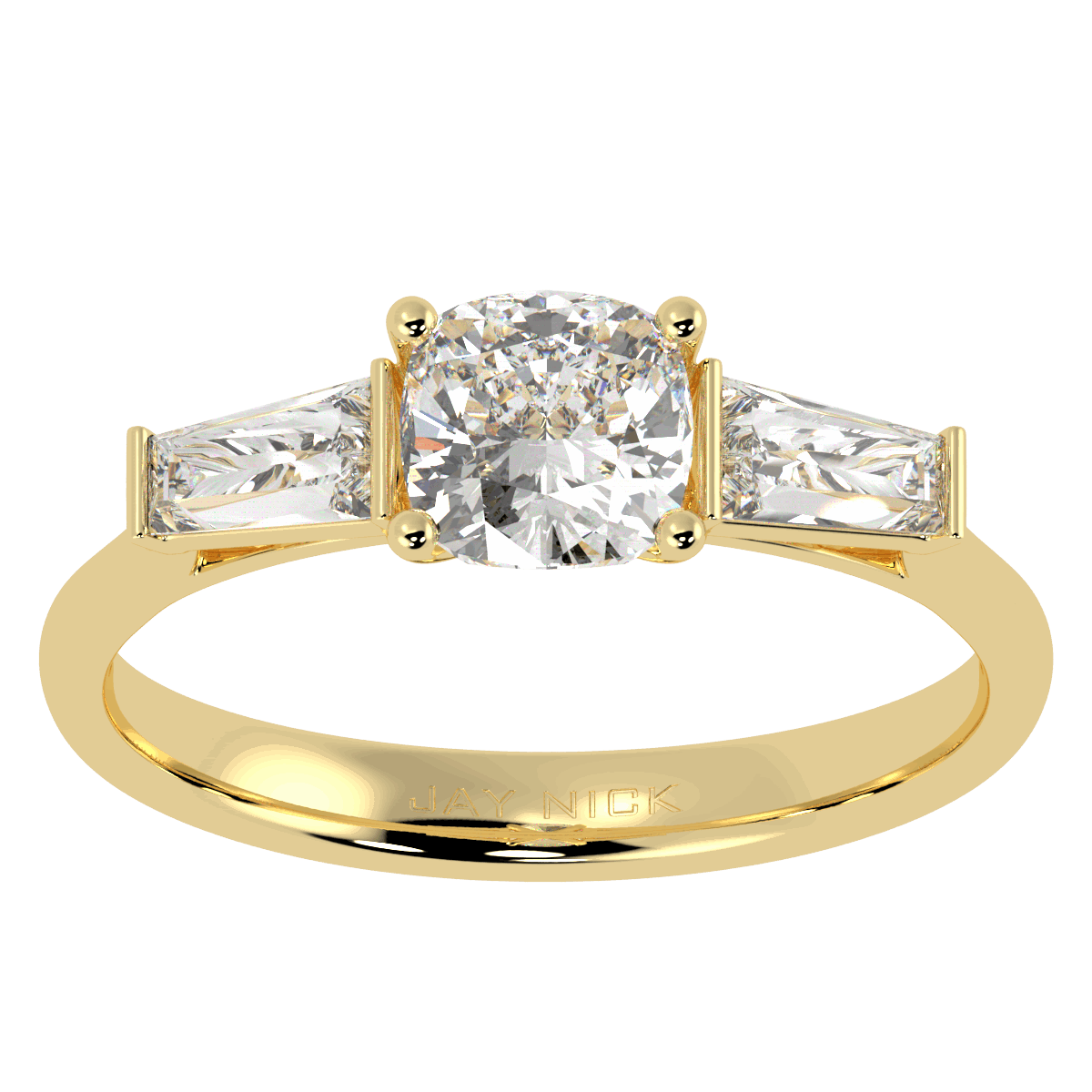 Cushion & Baguette Three Stone Ring in yellow gold, top view