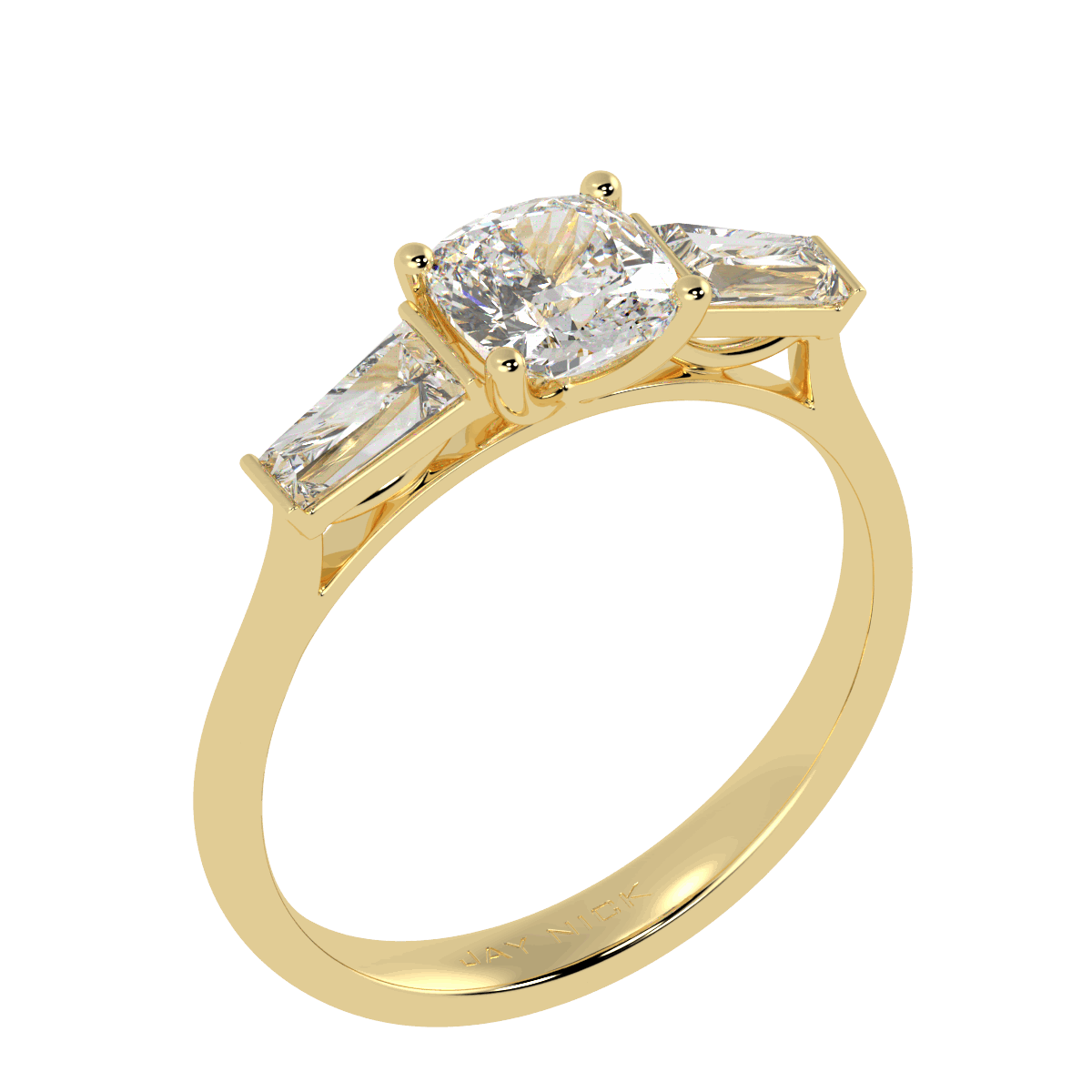 Cushion & Baguette Three Stone Ring in yellow gold, perspective view