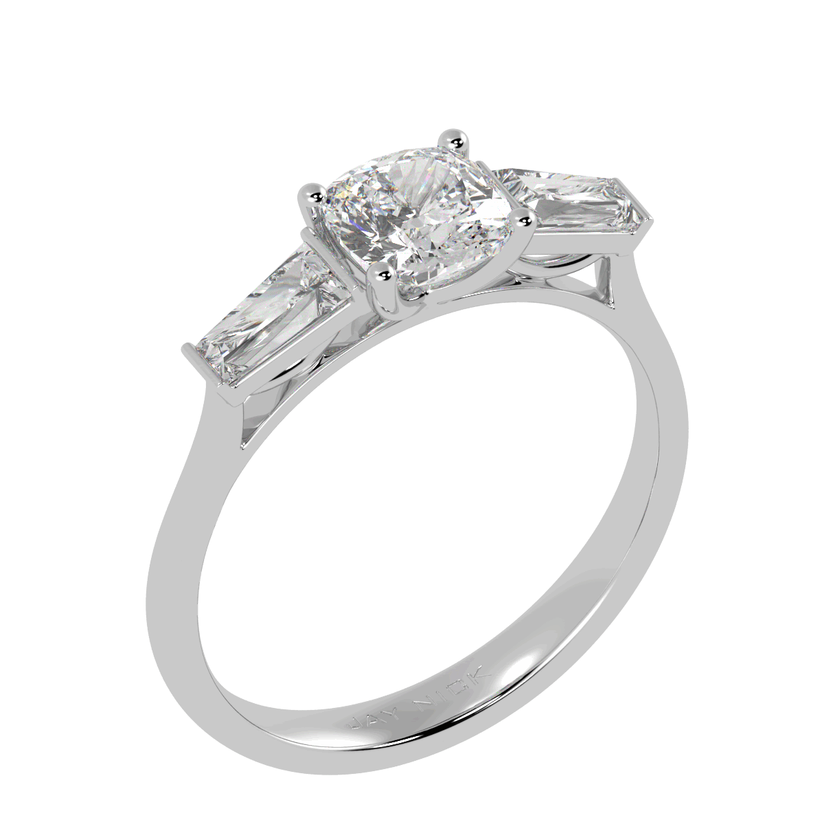 Cushion & Baguette Three Stone Ring in white gold or platinum, perspective view