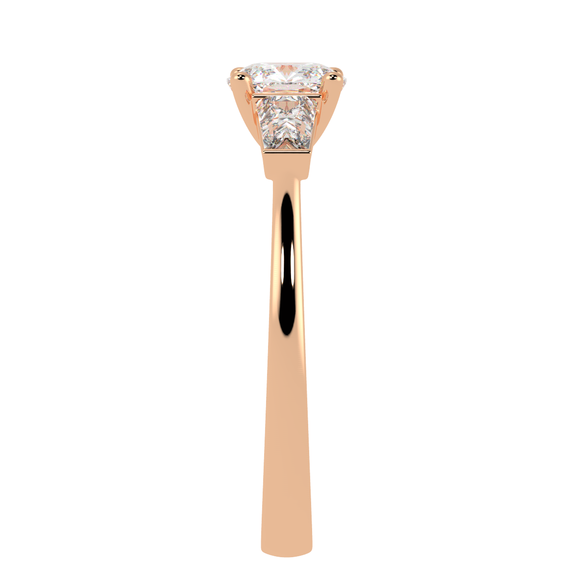 Cushion & Baguette Three Stone Ring in rose gold, side view