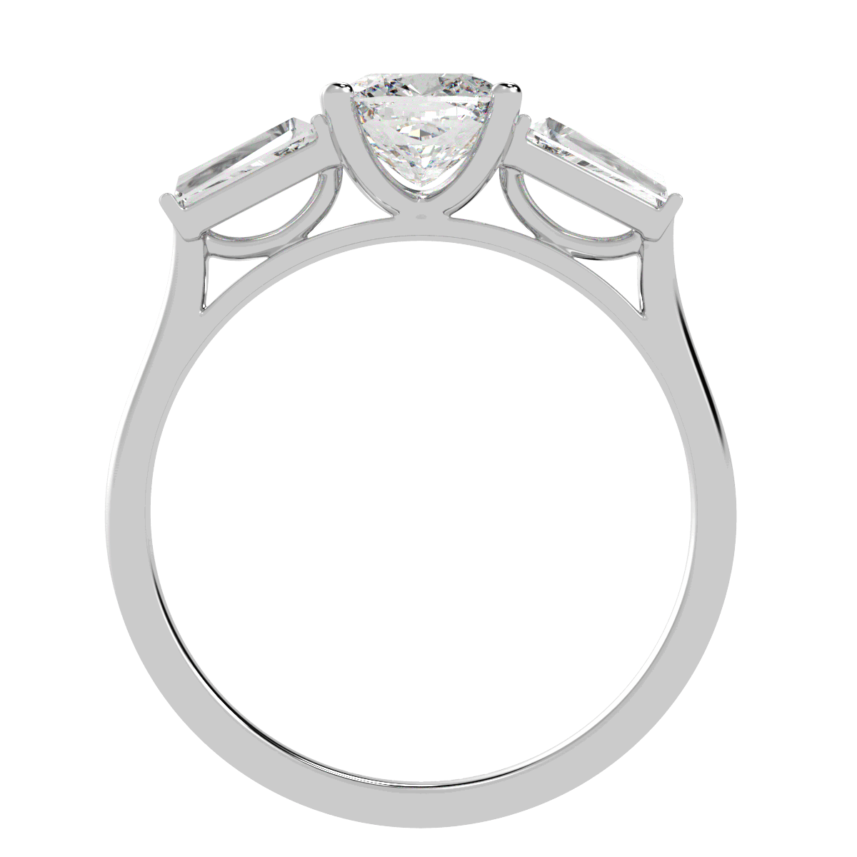 Cushion & Baguette Three Stone Ring in white gold or platinum, flat view