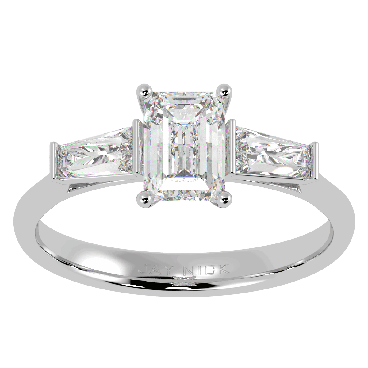 Emerald & Baguette Three Stone Ring in white gold or platinum, top view
