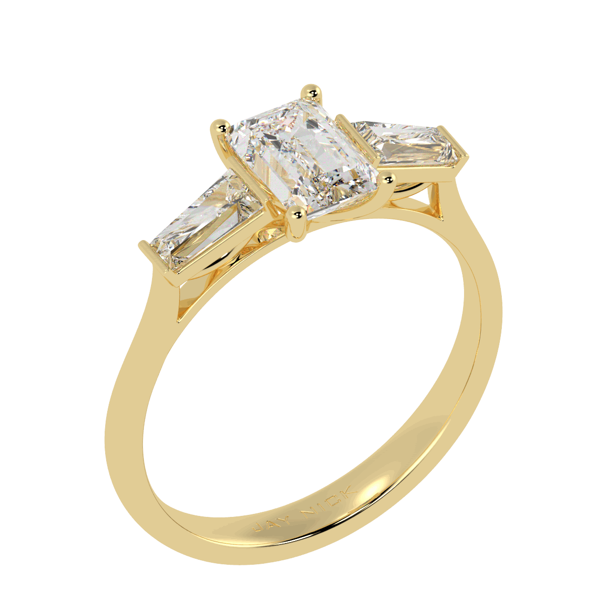 Emerald & Baguette Three Stone Ring in yellow gold, perspective view