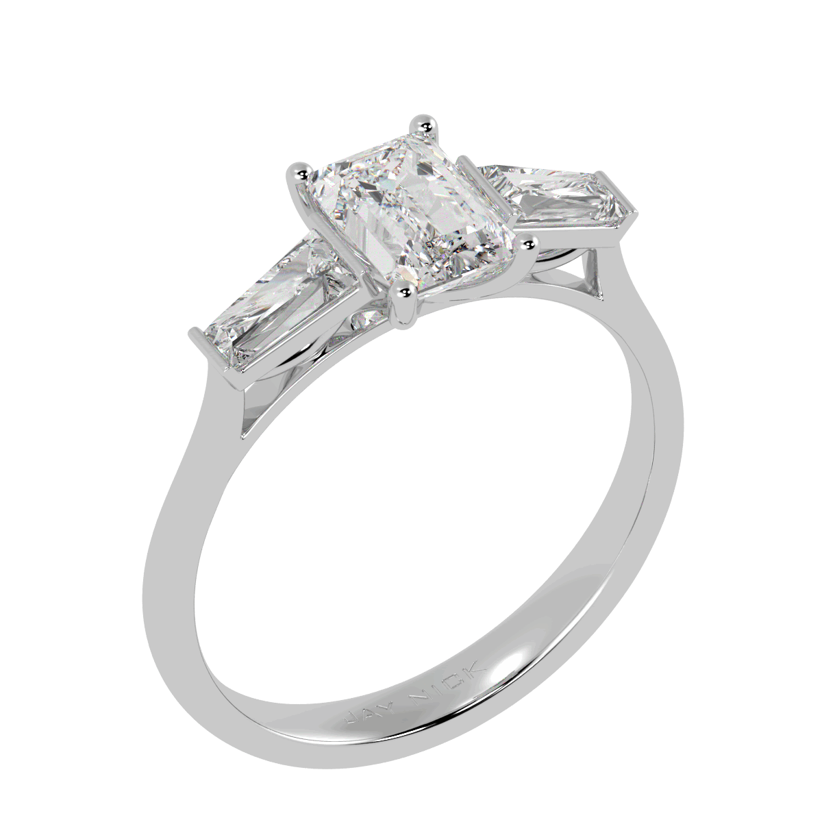 Emerald & Baguette Three Stone Ring in white gold or platinum, perspective view
