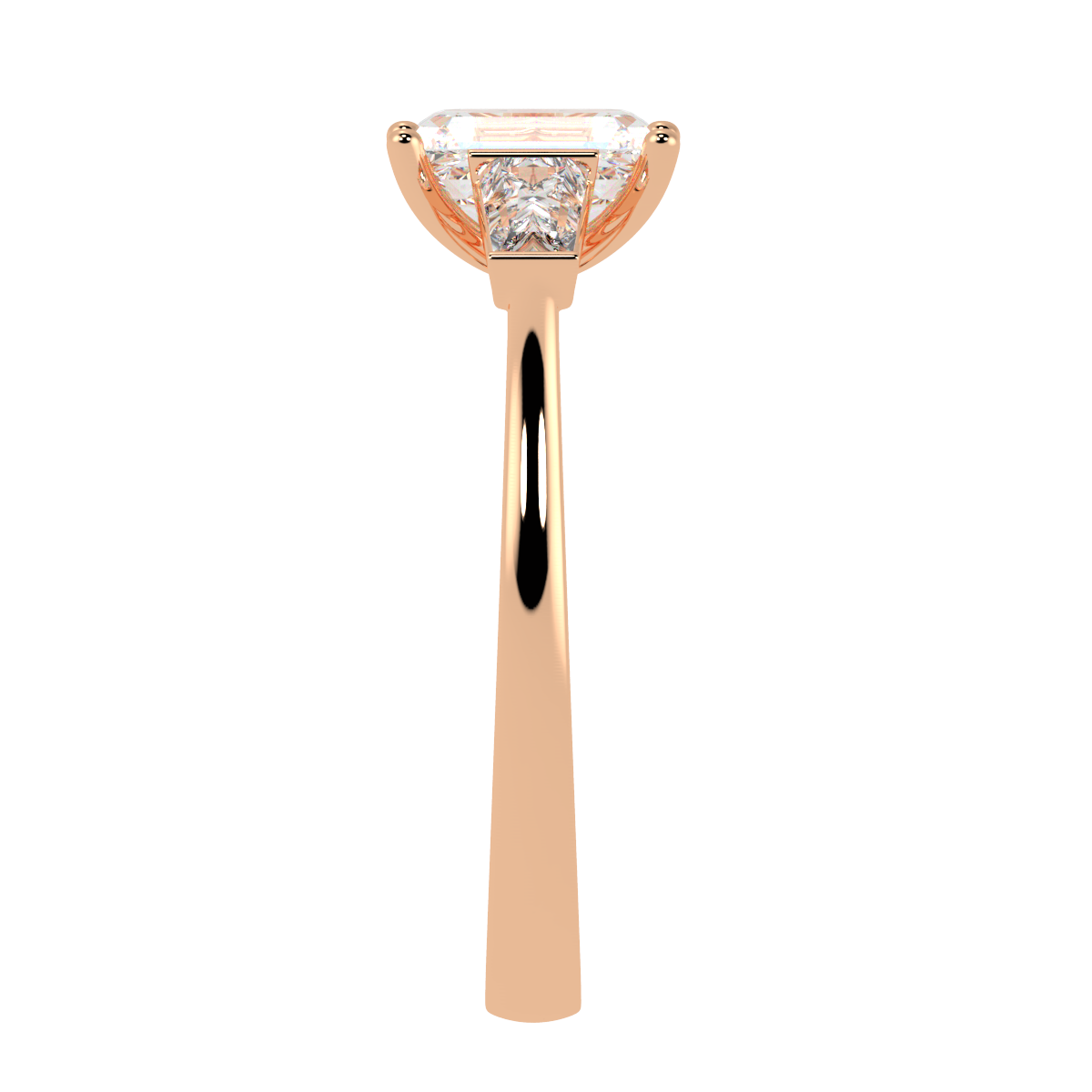 Emerald & Baguette Three Stone Ring in rose gold, side view