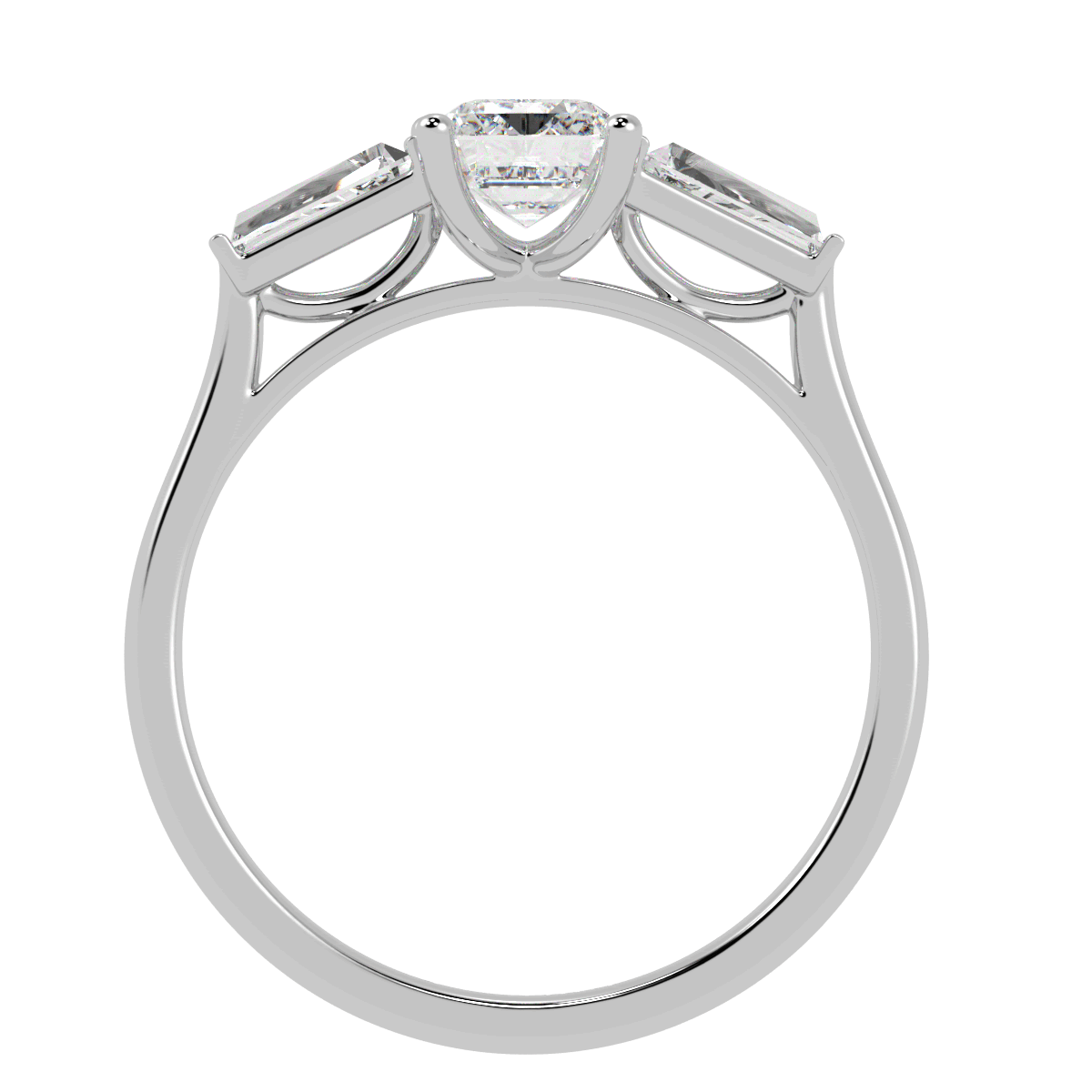 Emerald & Baguette Three Stone Ring in white gold or platinum, flat view