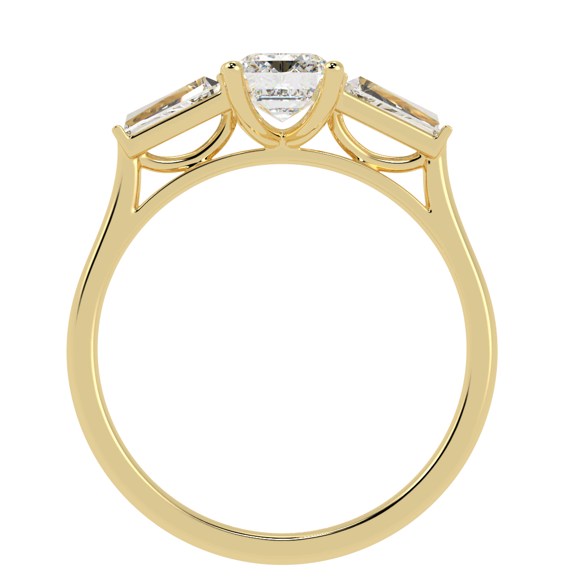 Emerald & Baguette Three Stone Ring in yellow gold, flat view