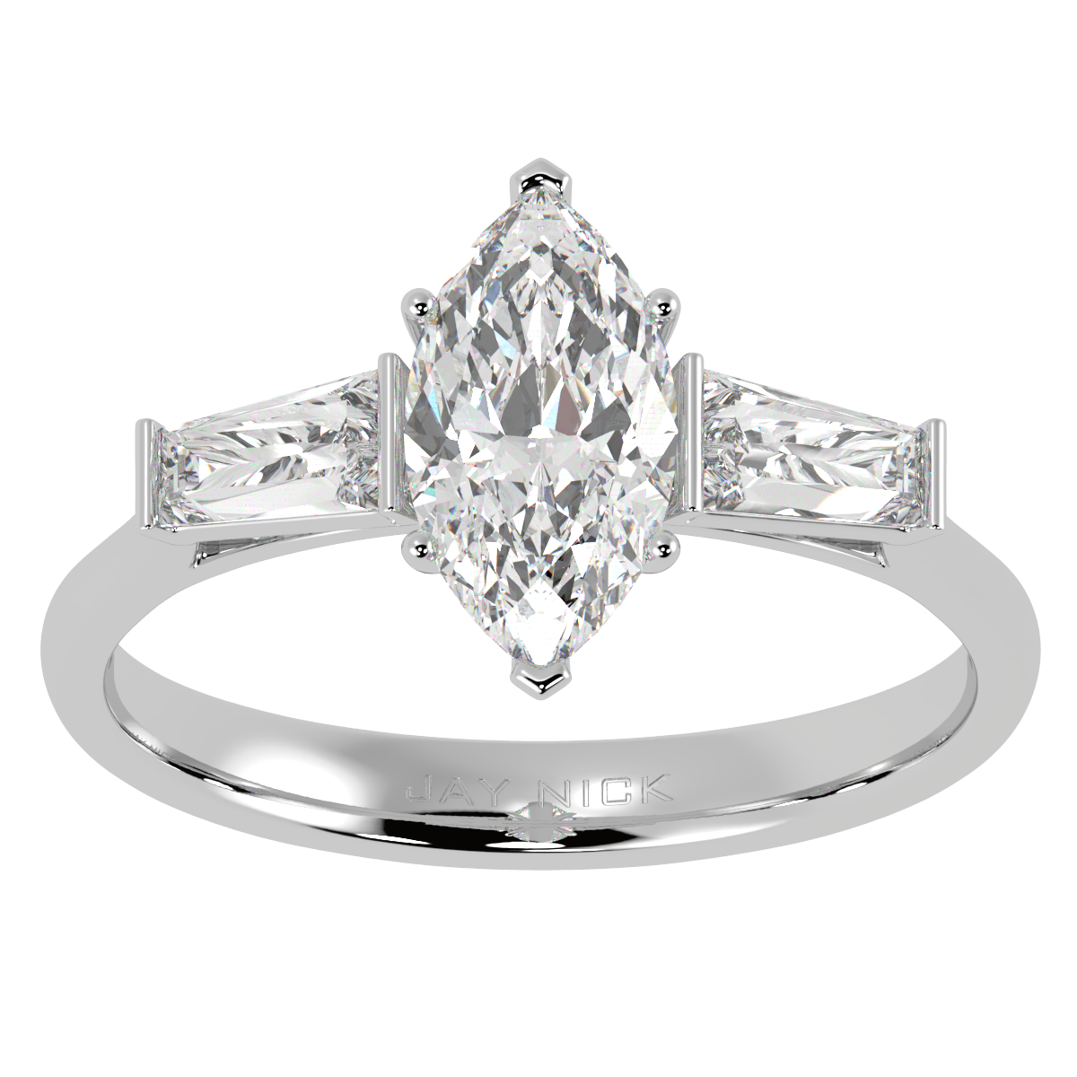 Marquise & Baguette Three Stone Ring in white gold or platinum, top view