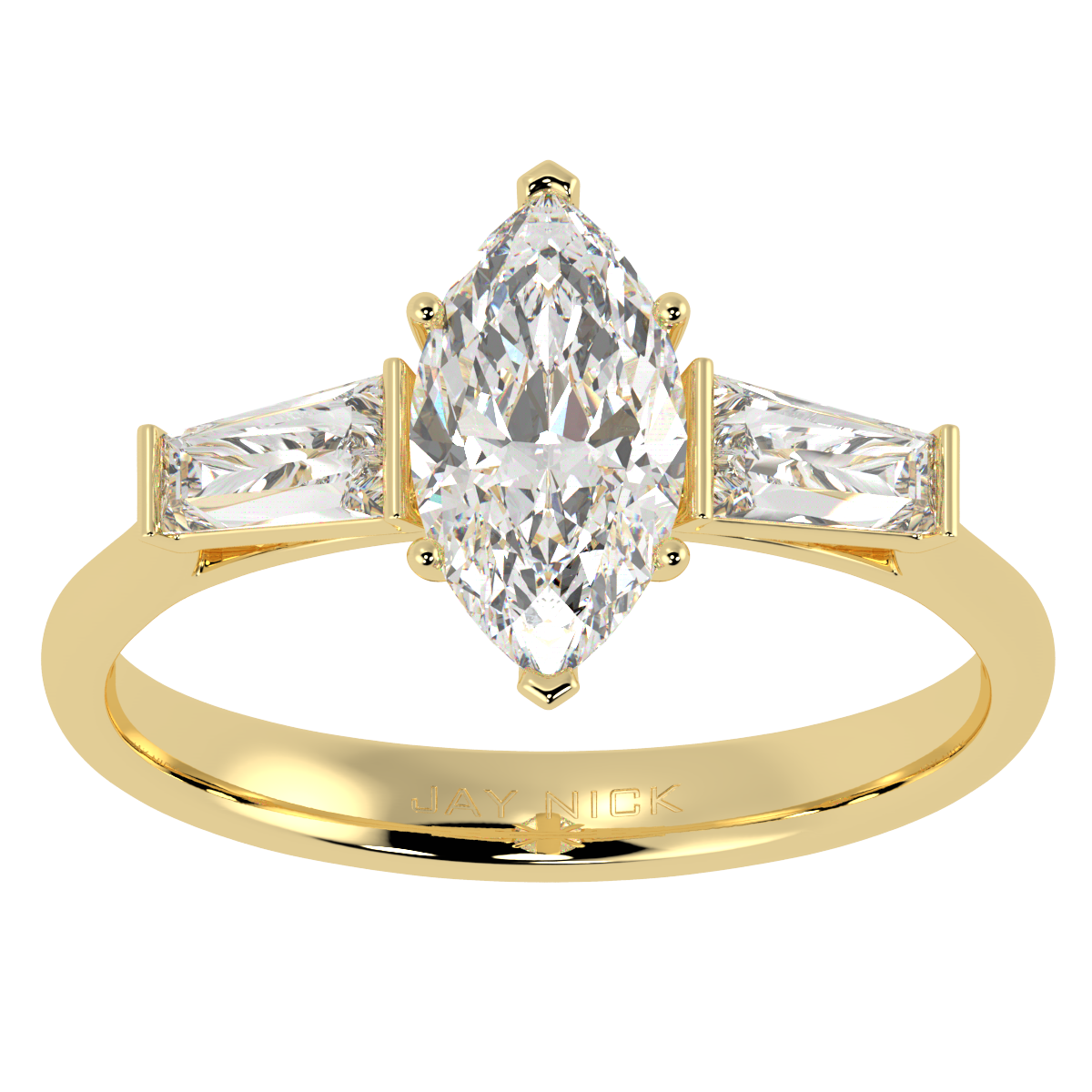 Marquise & Baguette Three Stone Ring in yellow gold, top view