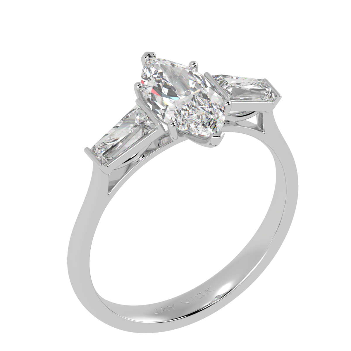 Marquise & Baguette Three Stone Ring in white gold or platinum, perspective view