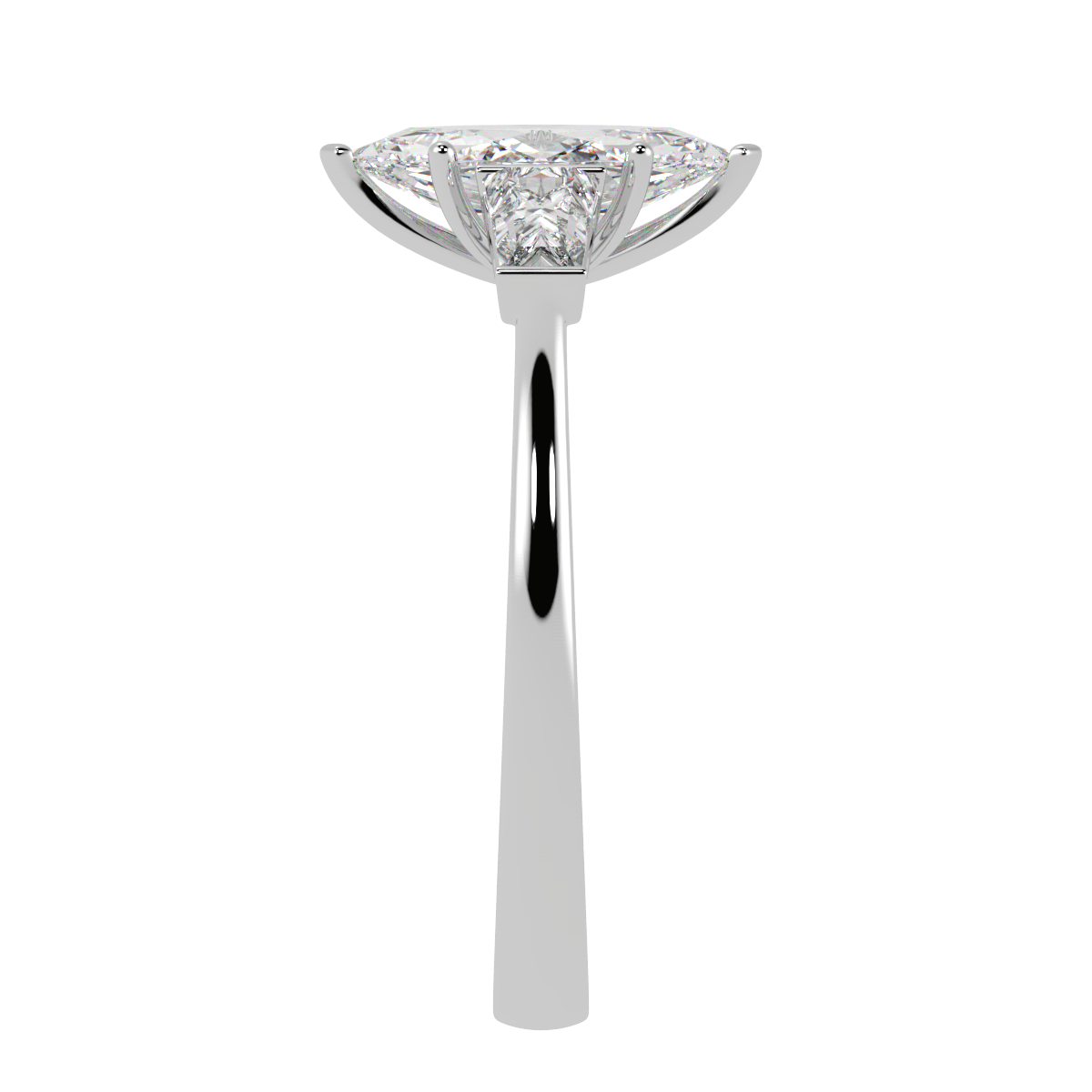 Marquise & Baguette Three Stone Ring in white gold or platinum, side view