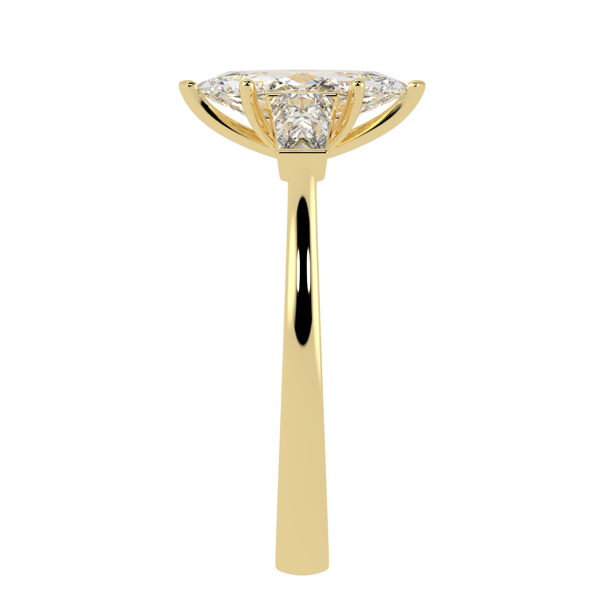 Marquise & Baguette Three Stone Ring in yellow gold, side view