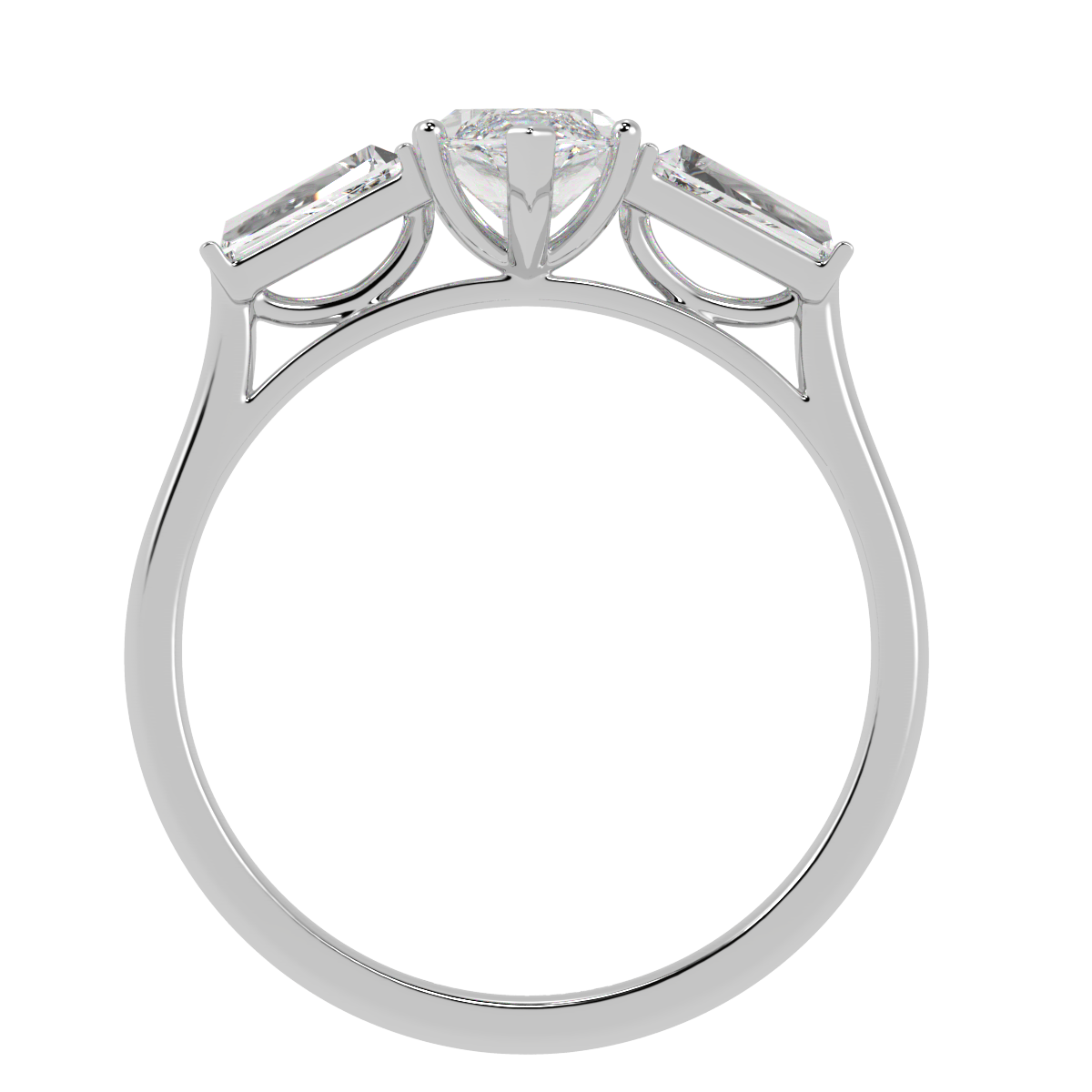 Marquise & Baguette Three Stone Ring in white gold or platinum, flat view