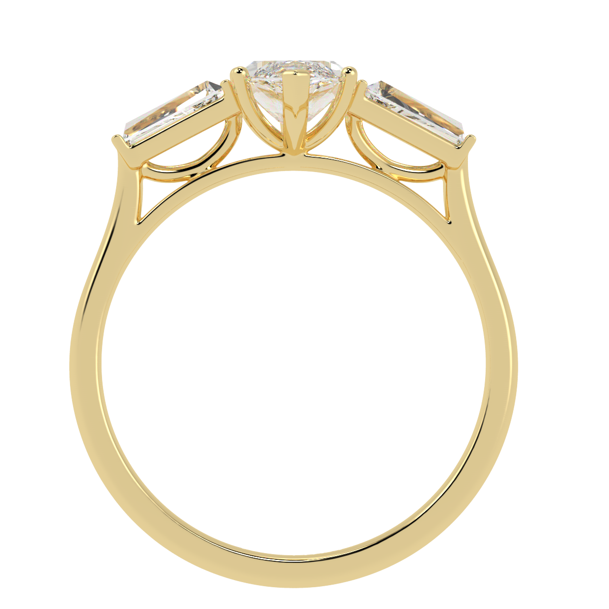 Marquise & Baguette Three Stone Ring in yellow gold, flat view