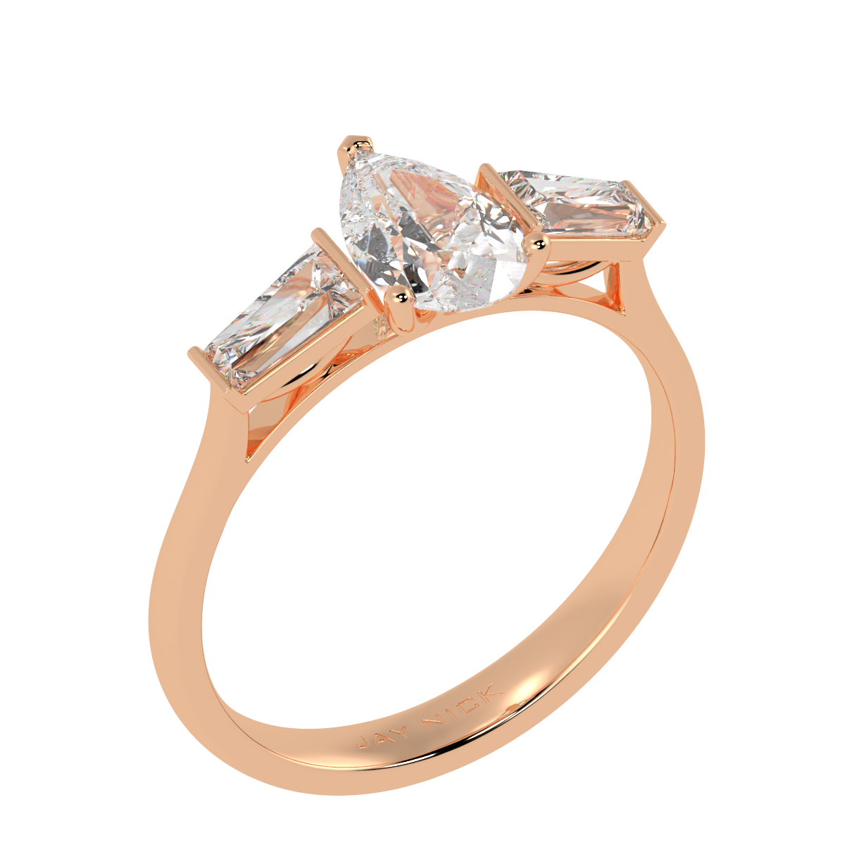Pear & Baguette Three Stone Ring in rose gold, perspective view