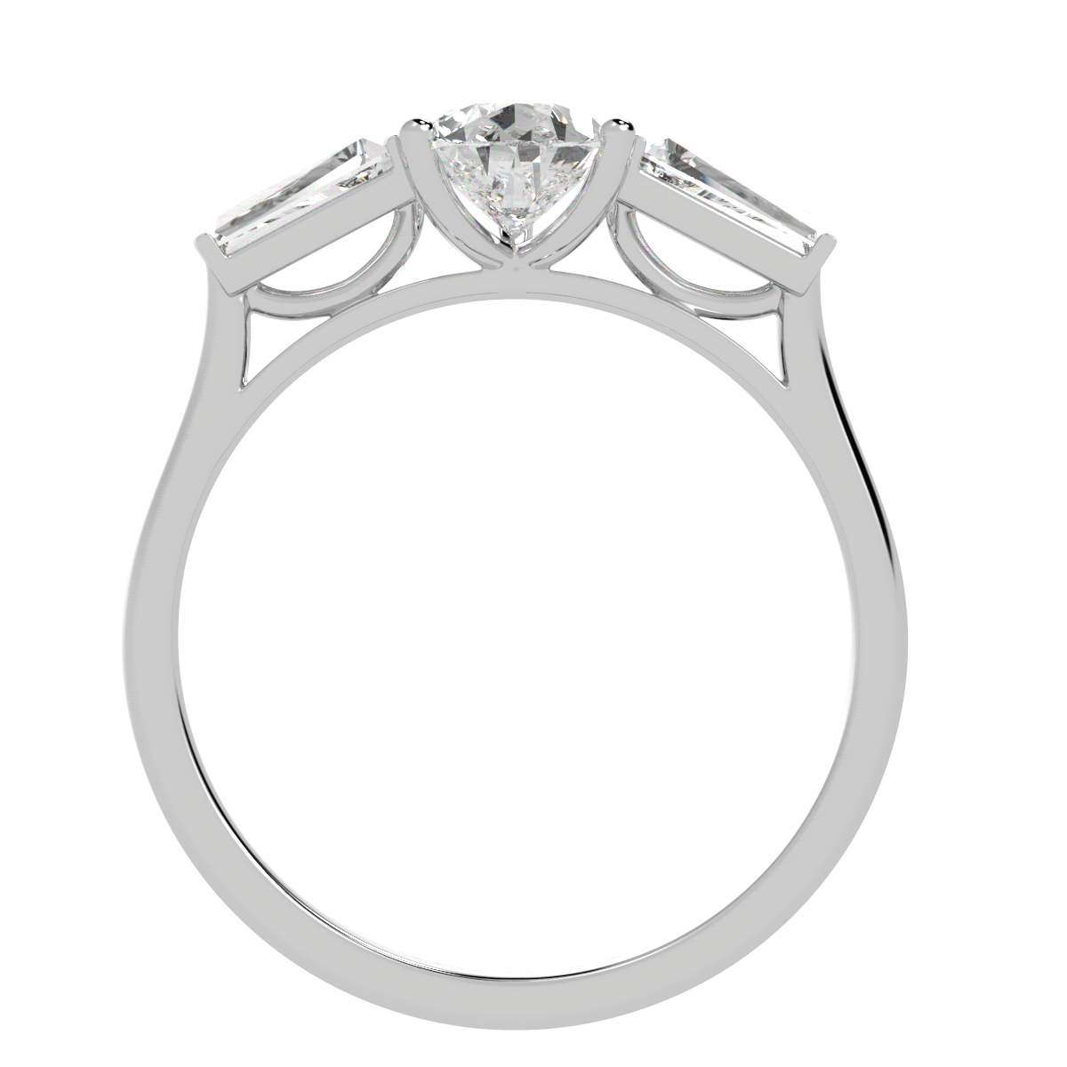 Pear & Baguette Three Stone Ring in white gold or platinum, flat view