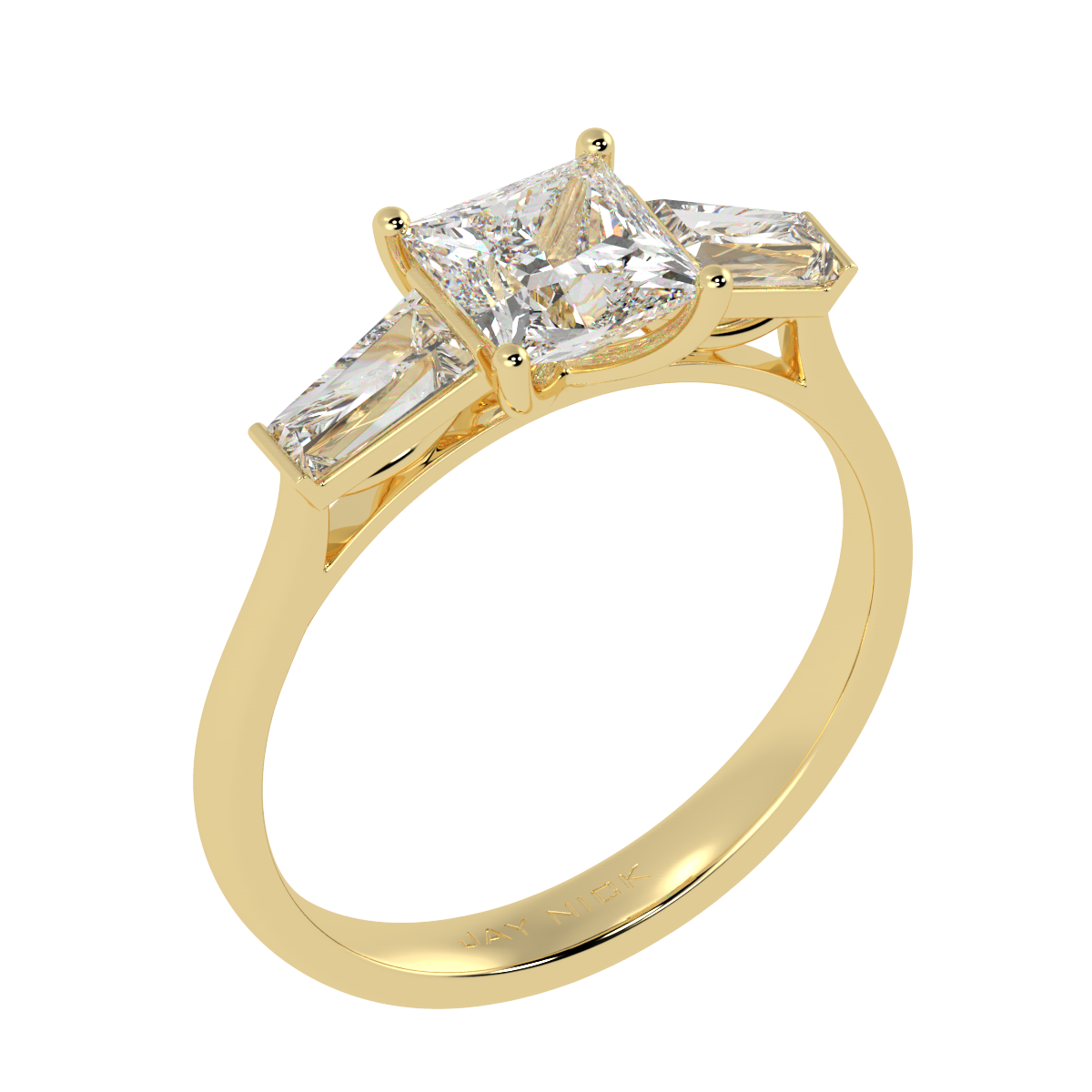 Princess & Baguette Three Stone Ring in yellow gold, perspective view