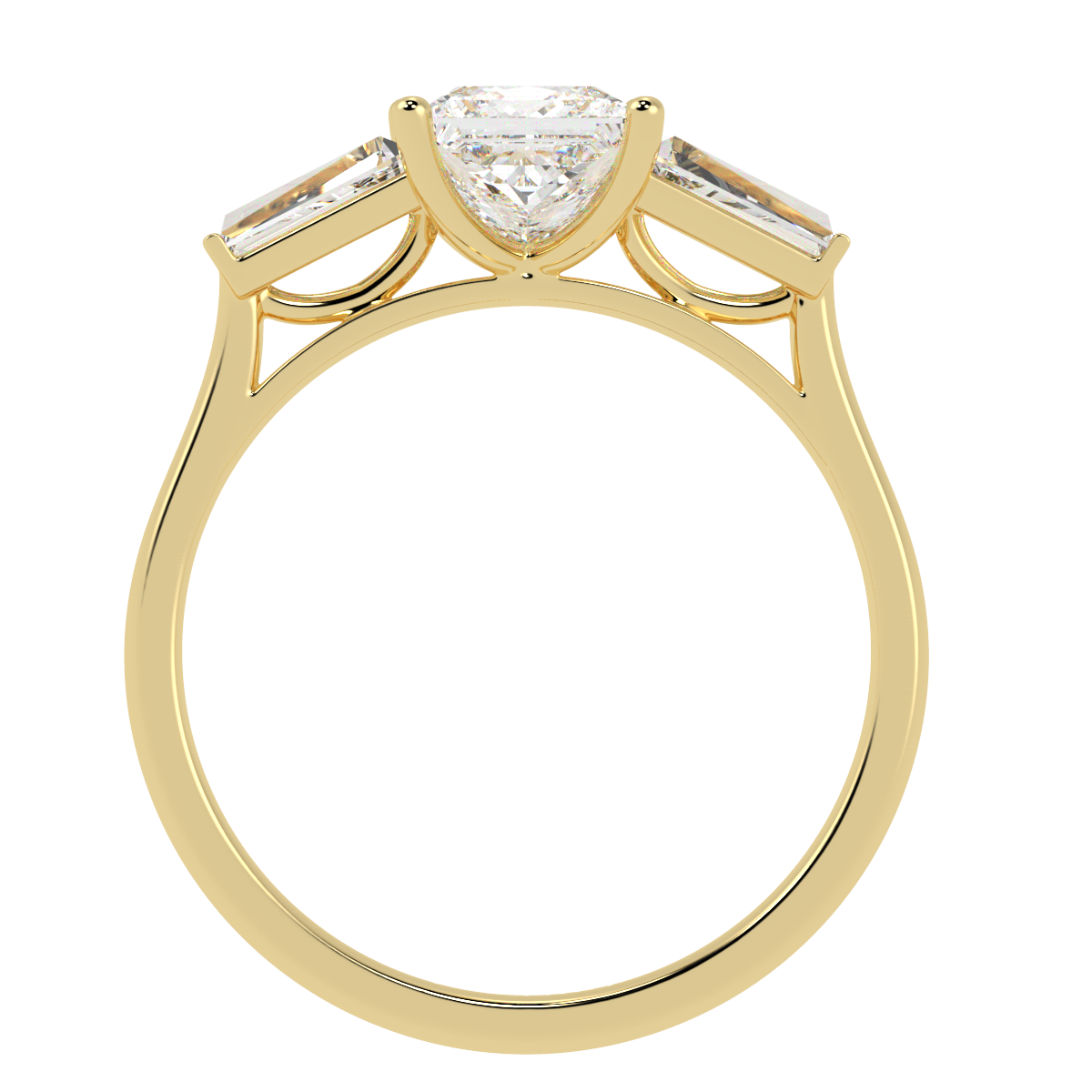 Princess & Baguette Three Stone Ring in yellow gold, flat view
