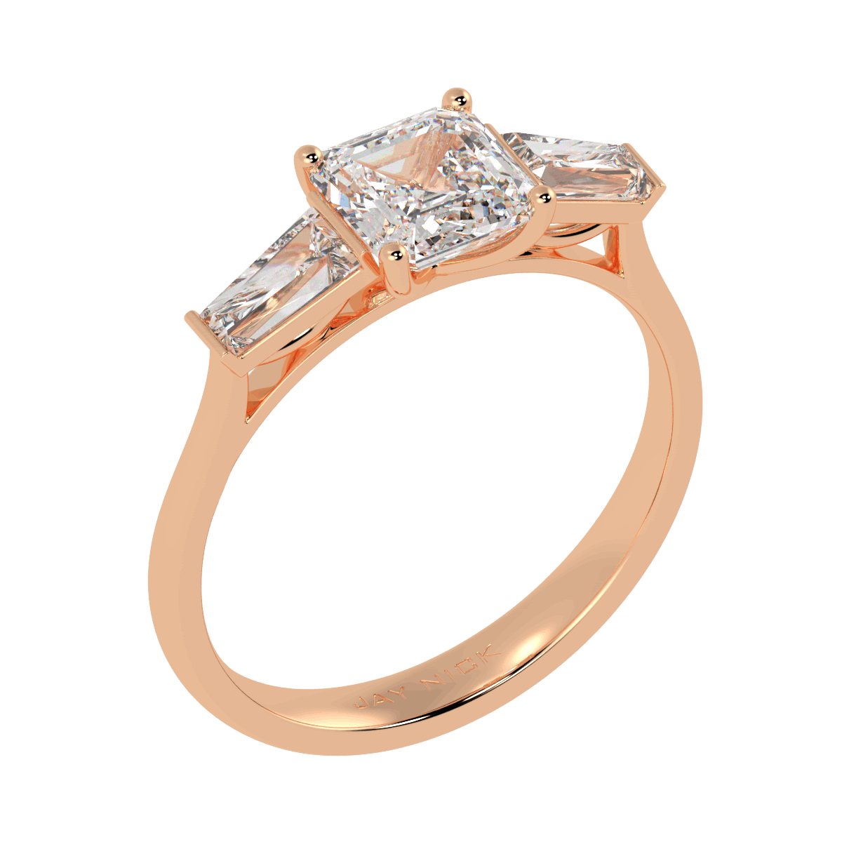 Asscher & Baguette Three Stone Ring in rose gold, perspective view