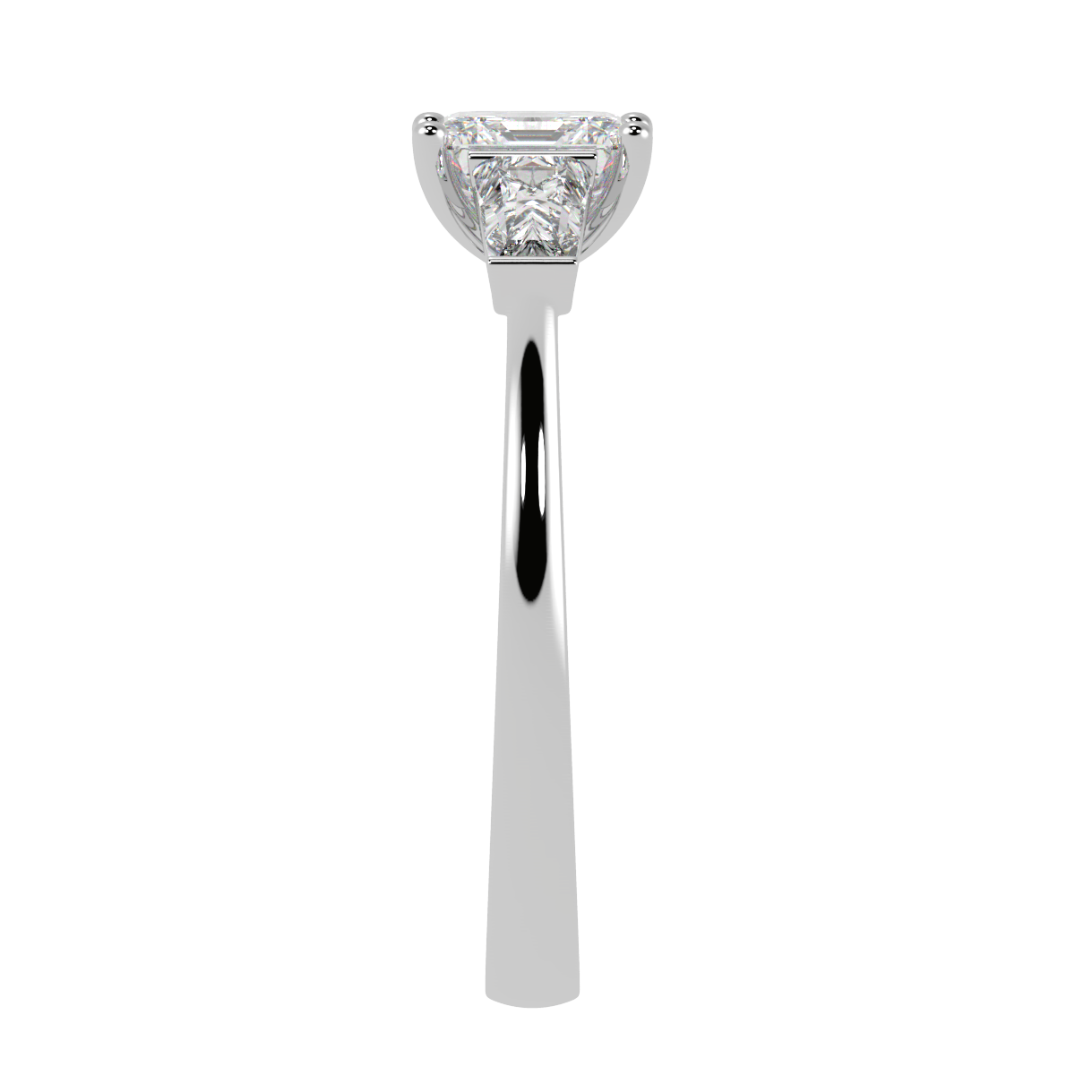 Asscher & Baguette Three Stone Ring in white gold or platinum, side view