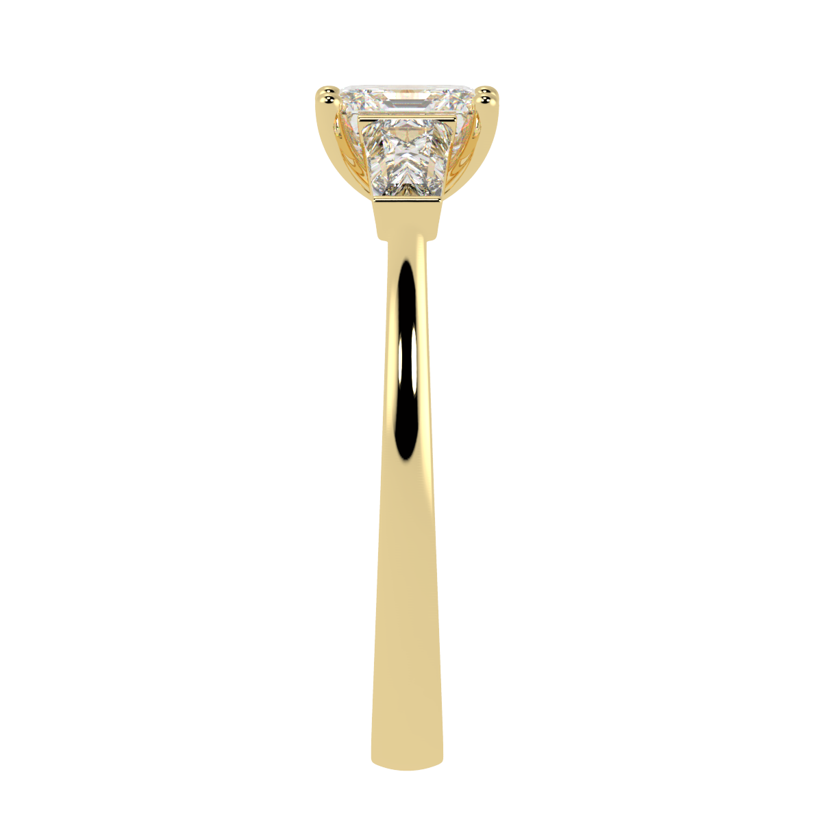 Asscher & Baguette Three Stone Ring in yellow gold, side view