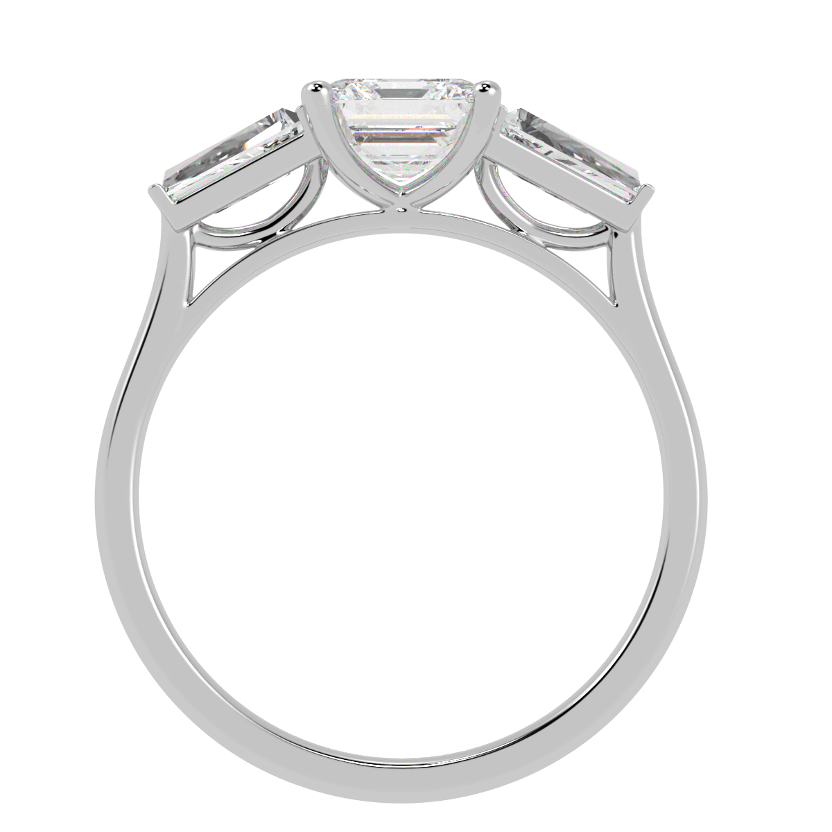 Asscher & Baguette Three Stone Ring in white gold or platinum, flat view