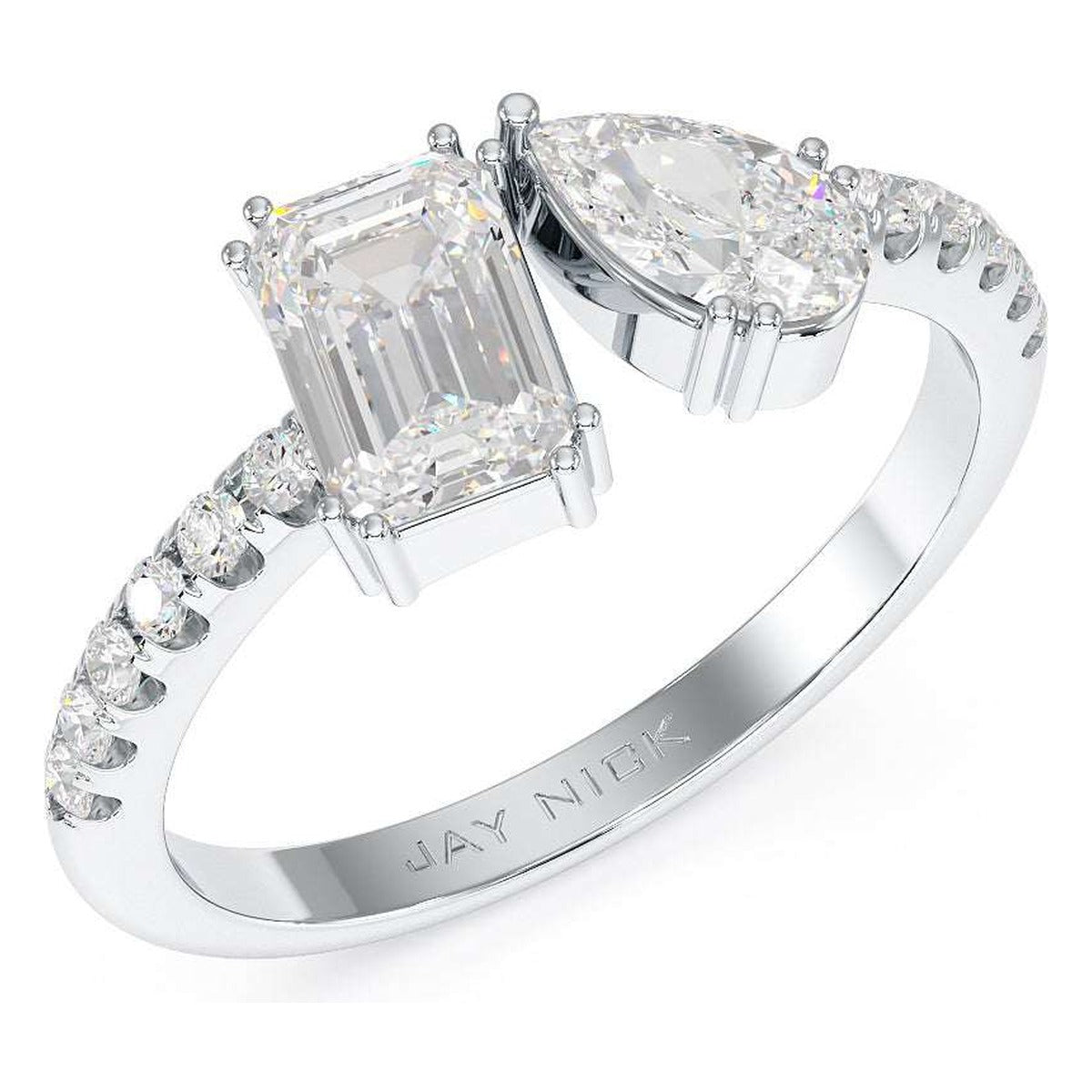 Emerald & Pear Studded Shoulder Toi et Moi Ring in white gold or platinum