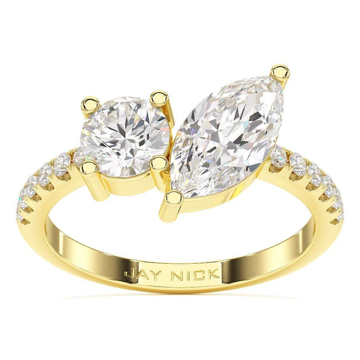 Round & Marquise Studded Shoulder Toi et Moi Ring in yellow gold