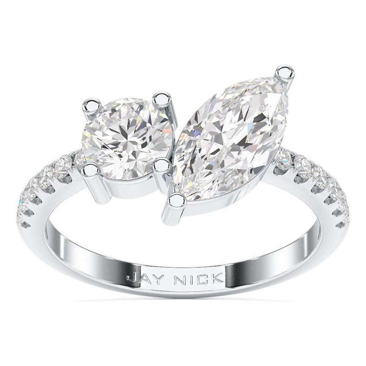 Round & Marquise Studded Shoulder Toi et Moi Ring in white gold or platinum