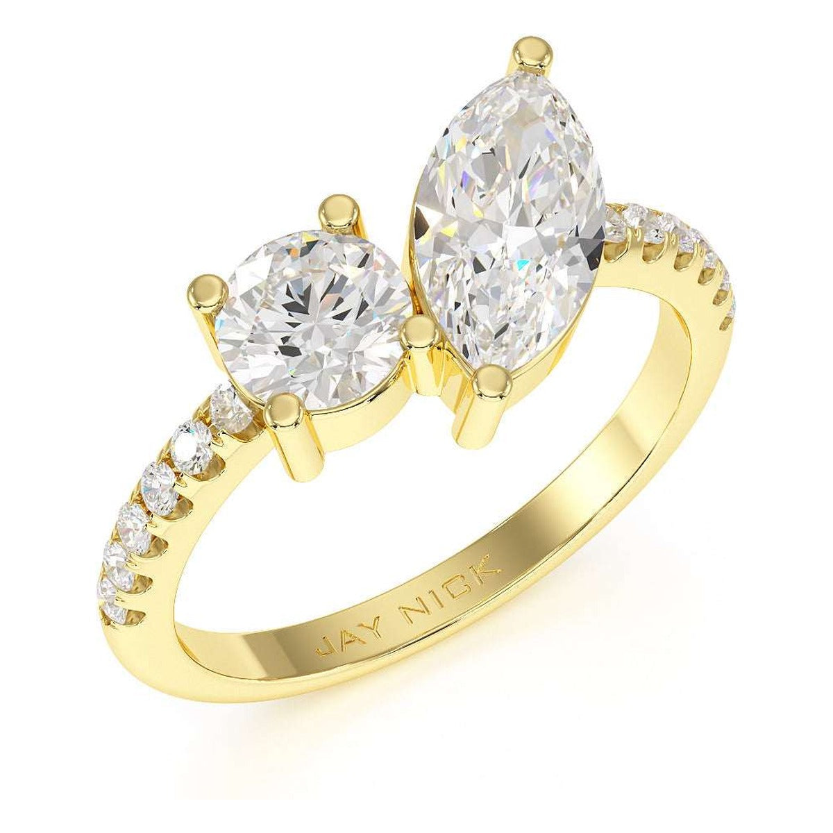 Round & Marquise Studded Shoulder Toi et Moi Ring in yellow gold