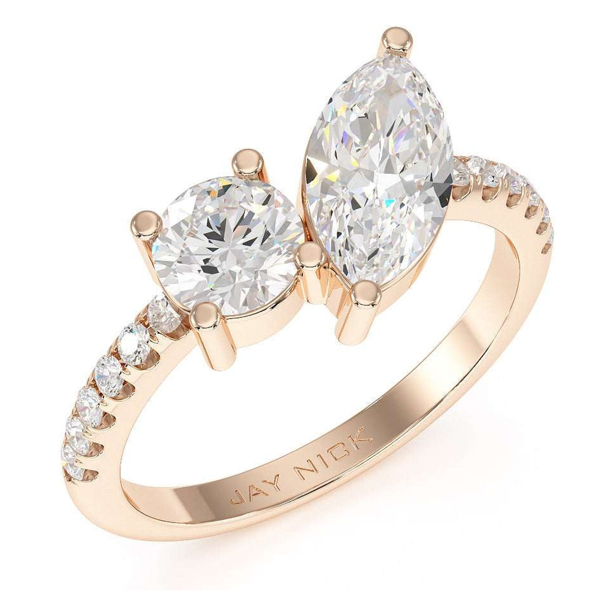 Round & Marquise Studded Shoulder Toi et Moi Ring in rose gold