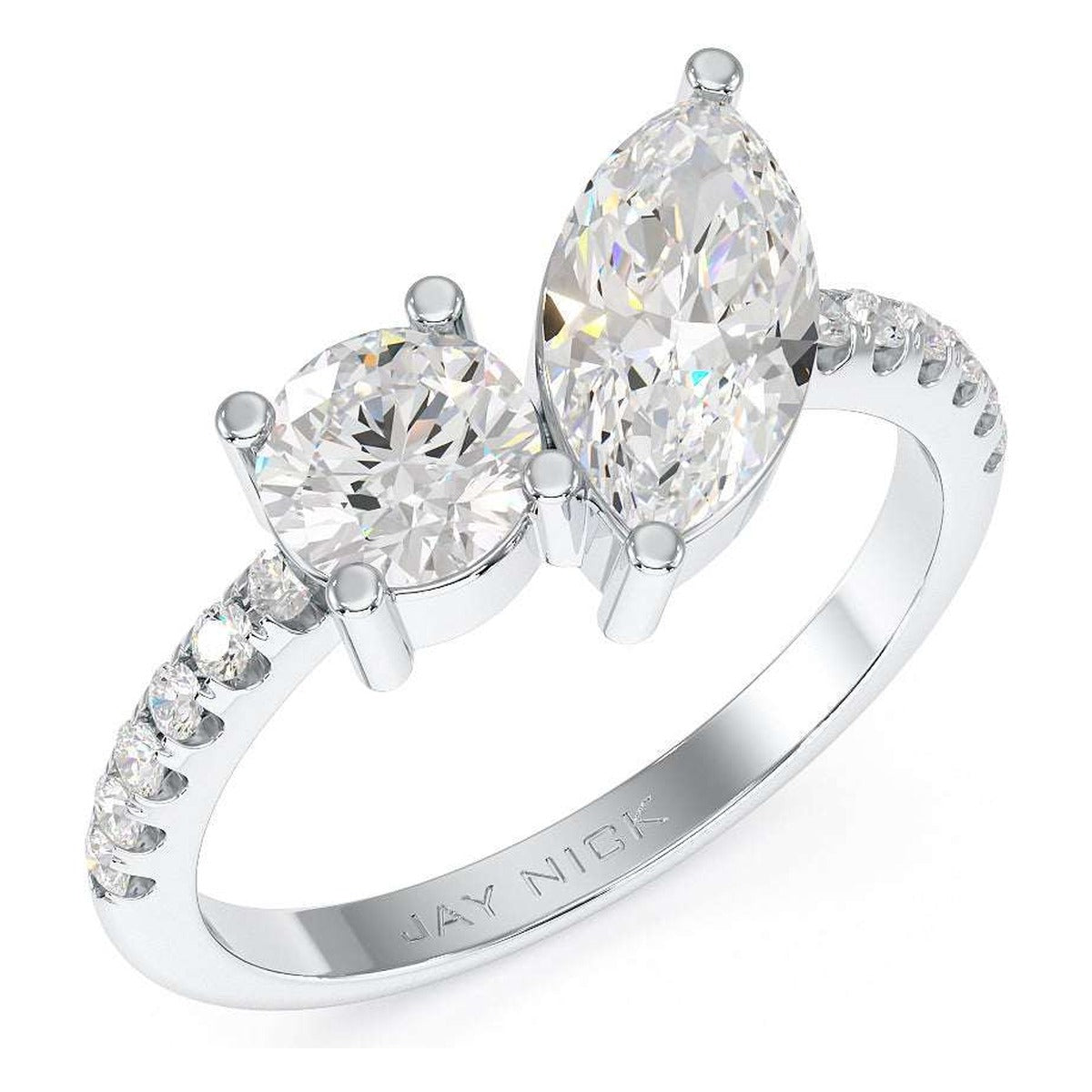 Round & Marquise Studded Shoulder Toi et Moi Ring in white gold or platinum