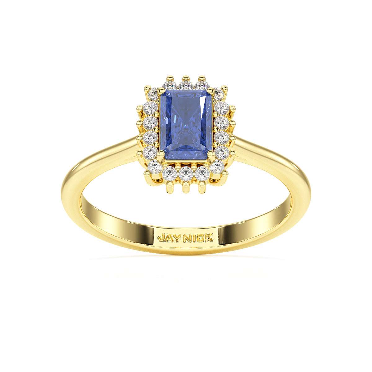 Rectangular Blue Sapphire Sunburst Ring in yellow gold