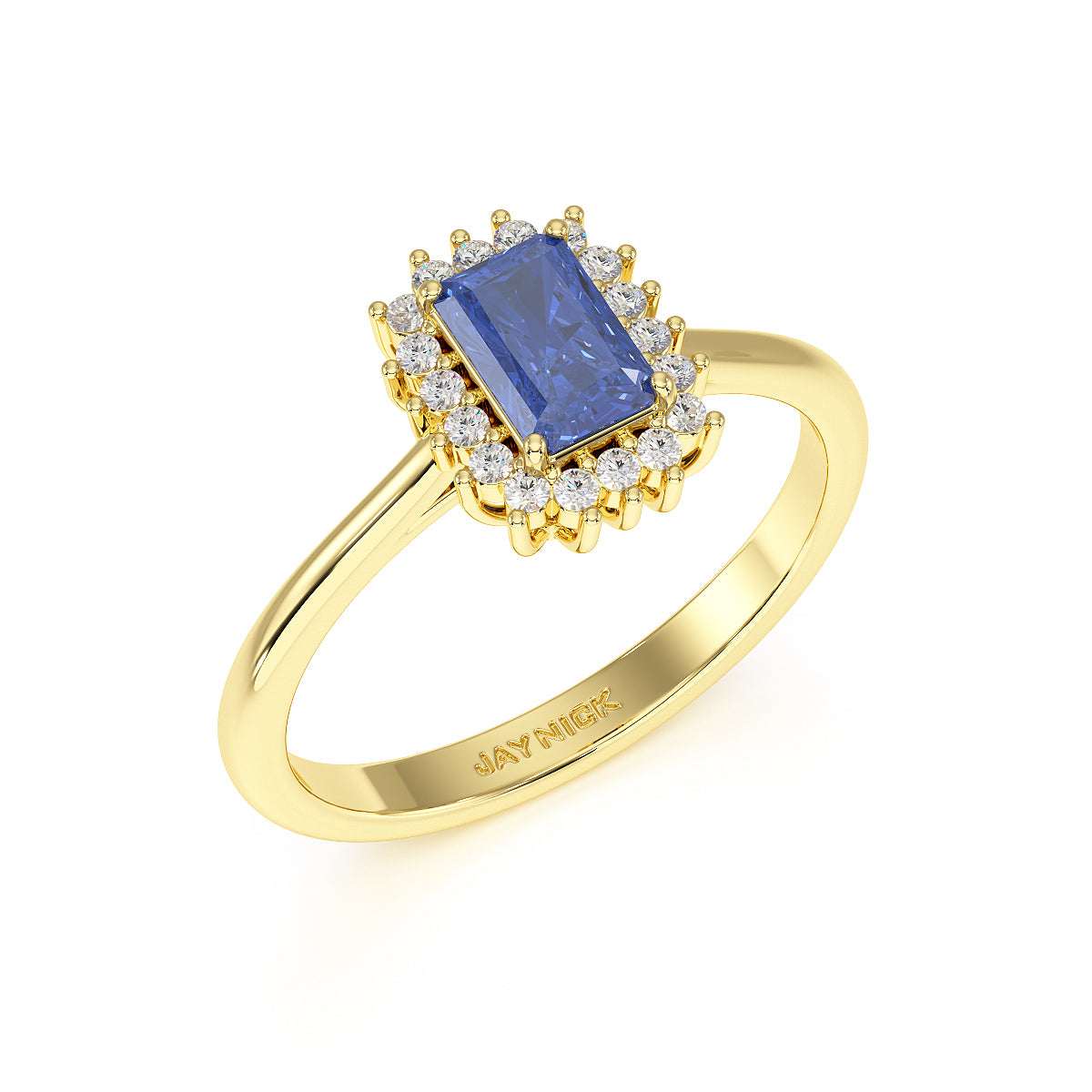 Rectangular Blue Sapphire Sunburst Ring in yellow gold