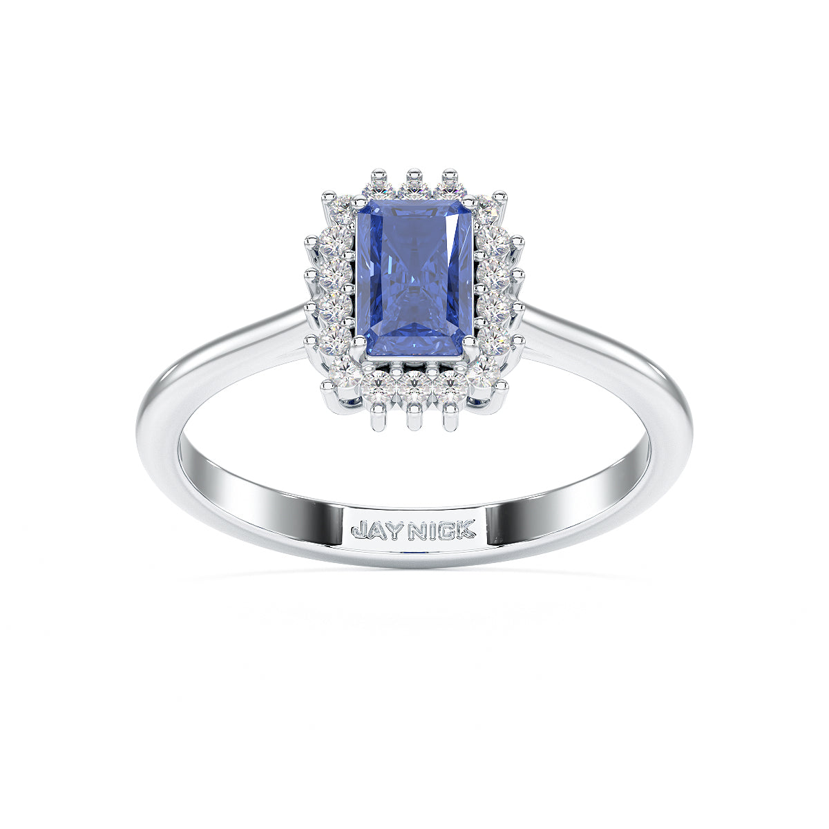 Rectangular Blue Sapphire Sunburst Ring in white gold or platinum