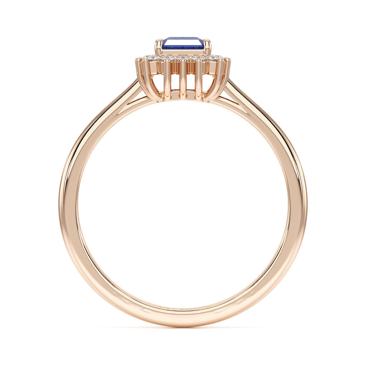 Rectangular Blue Sapphire Sunburst Ring in rose gold