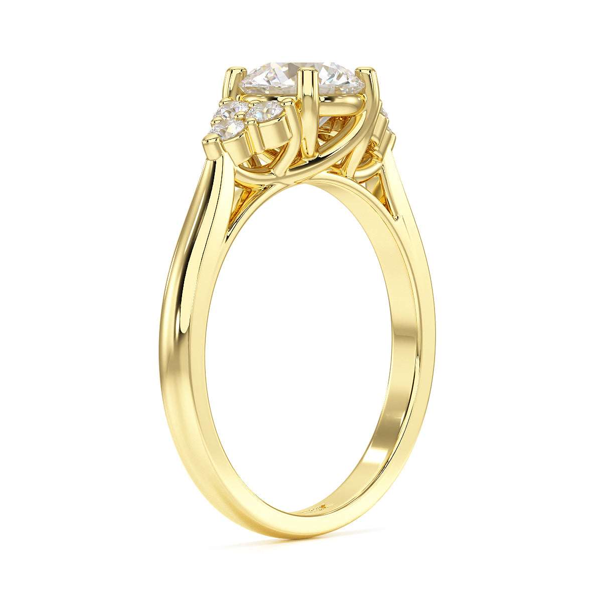 Round Cut Trefoil Engagement Ring in yellow gold