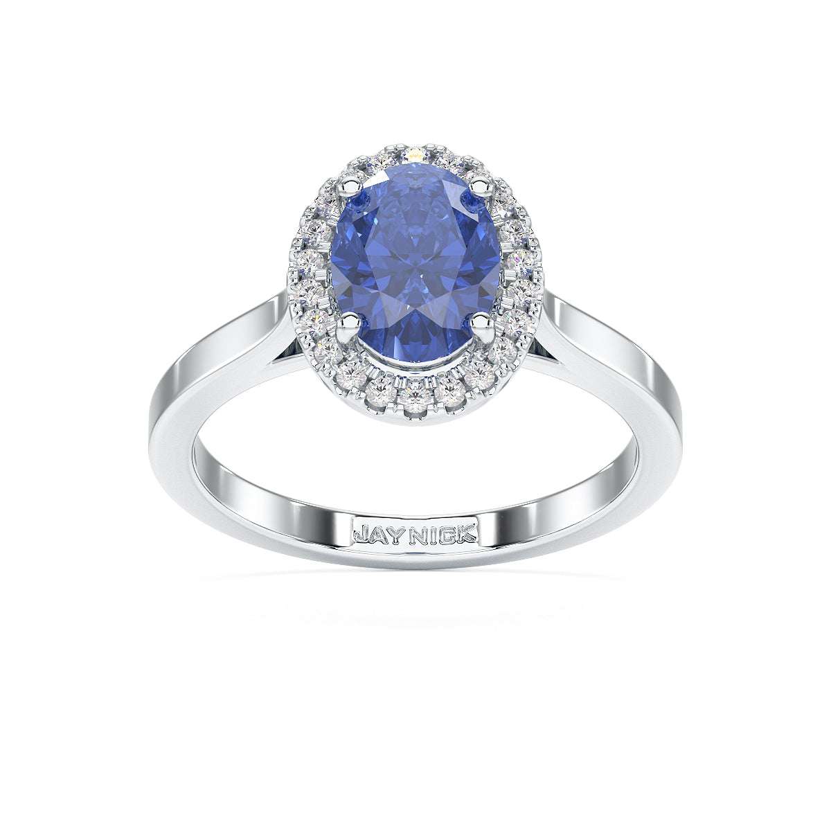 Oval Blue Sapphire Halo Ring in white gold or platinum