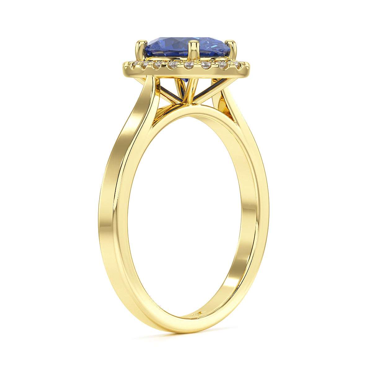 Oval Blue Sapphire Halo Ring in yellow gold
