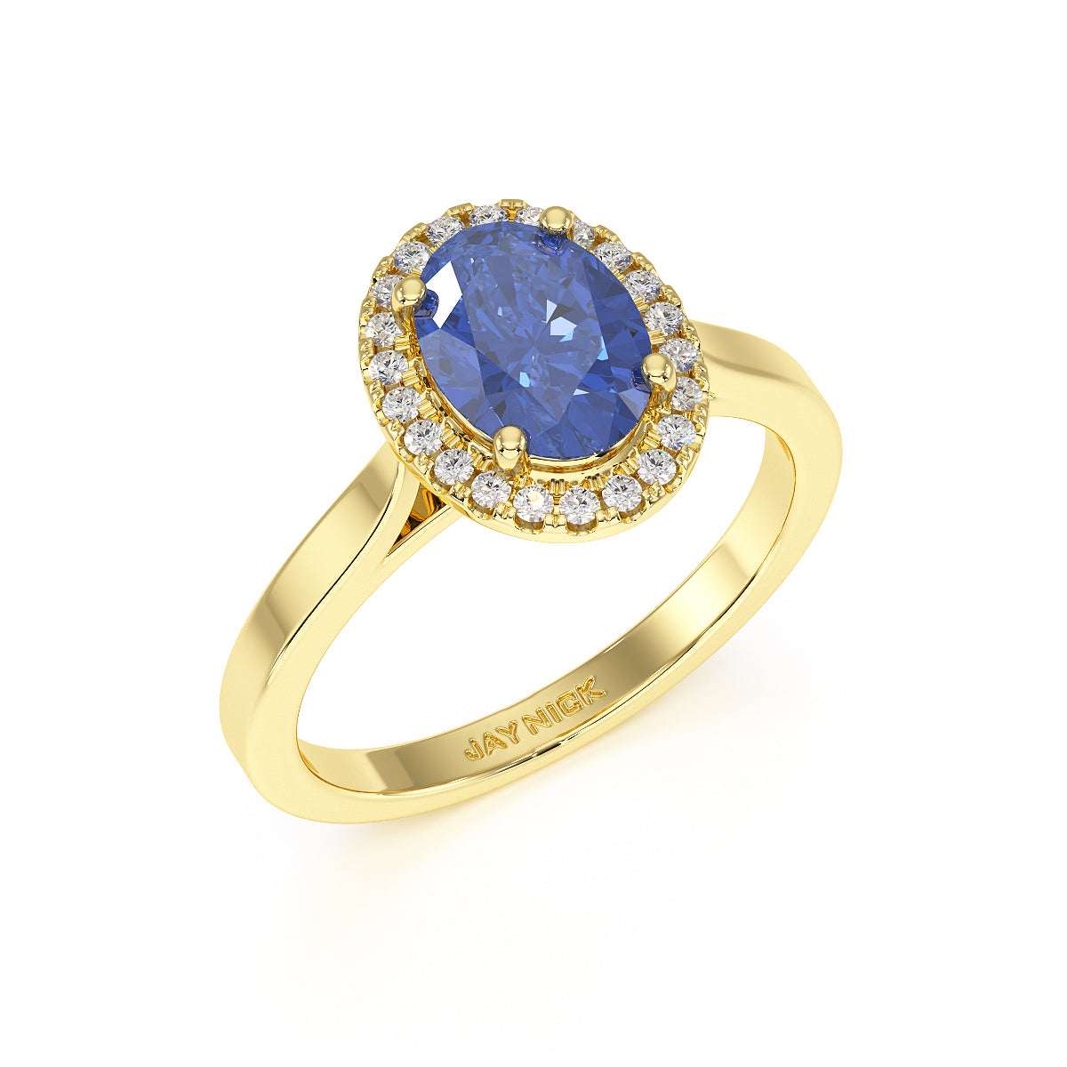 Oval Blue Sapphire Halo Ring in yellow gold