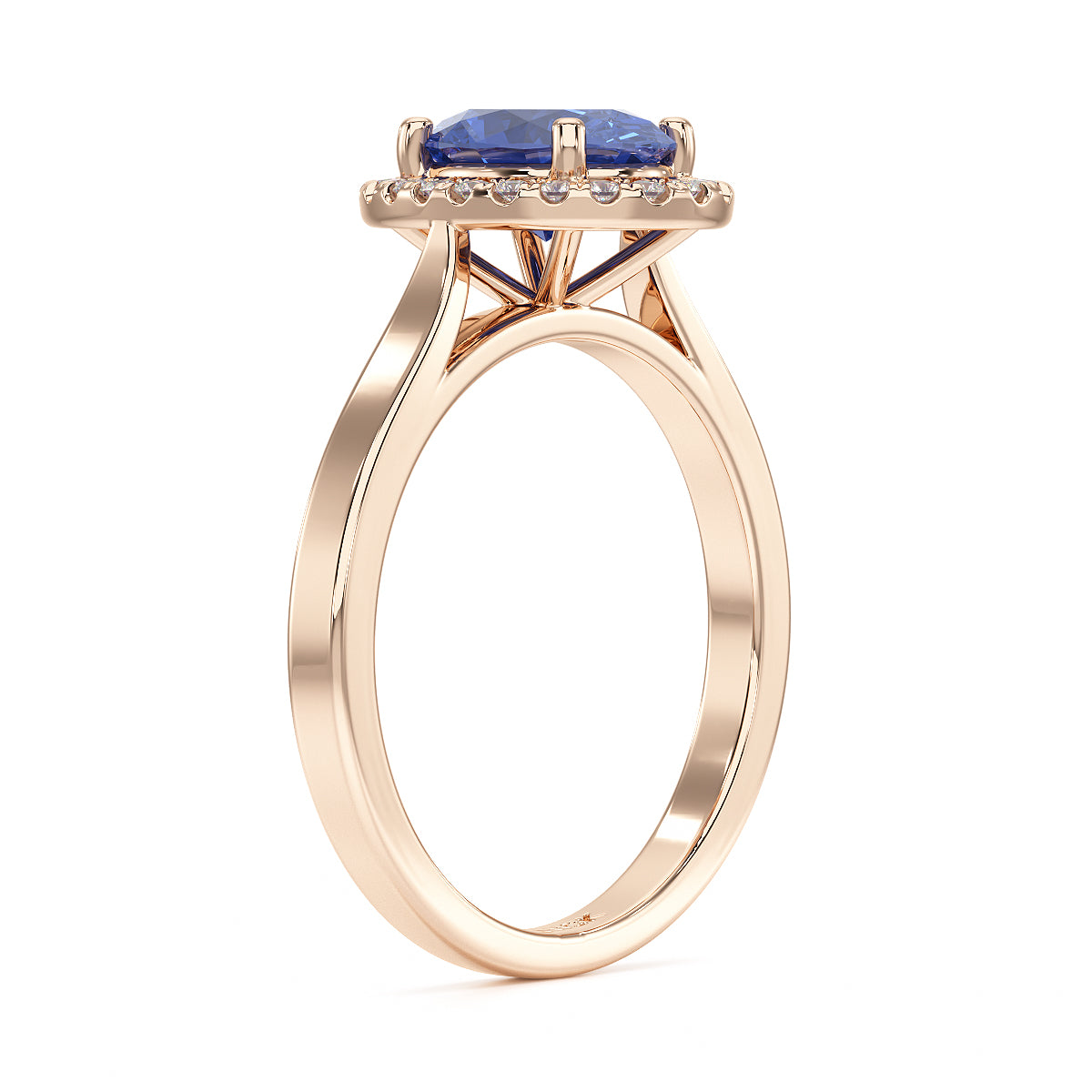 Oval Blue Sapphire Halo Ring in rose gold