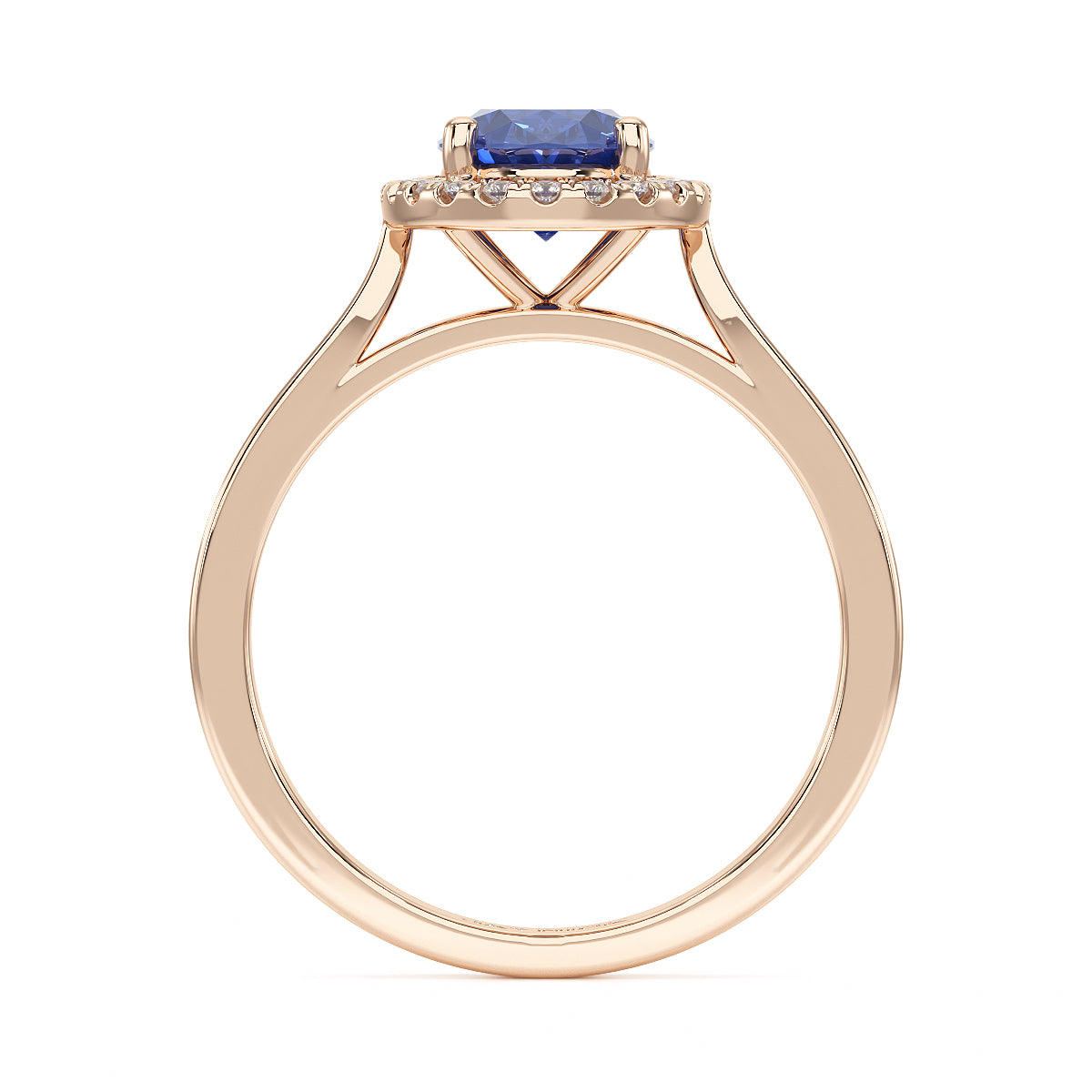 Oval Blue Sapphire Halo Ring in rose gold