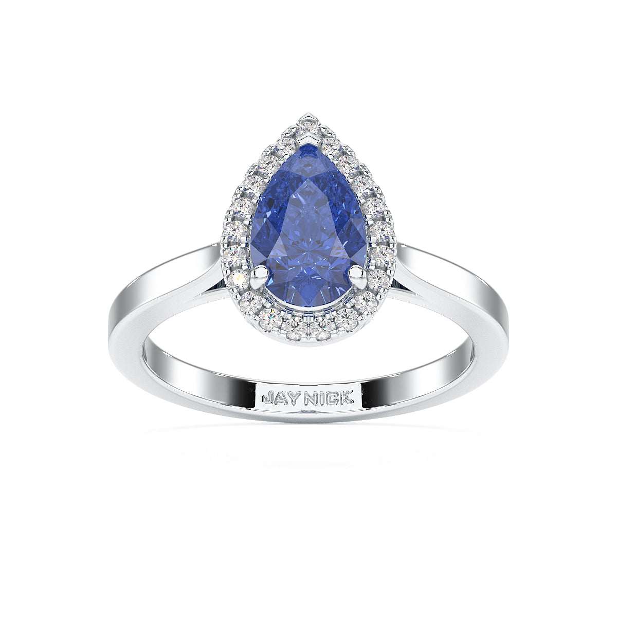 Pear Blue Sapphire Halo Ring in white gold or platinum