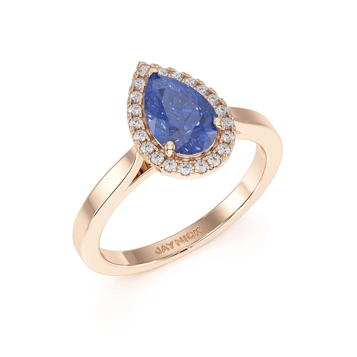 Pear Blue Sapphire Halo Ring in rose gold