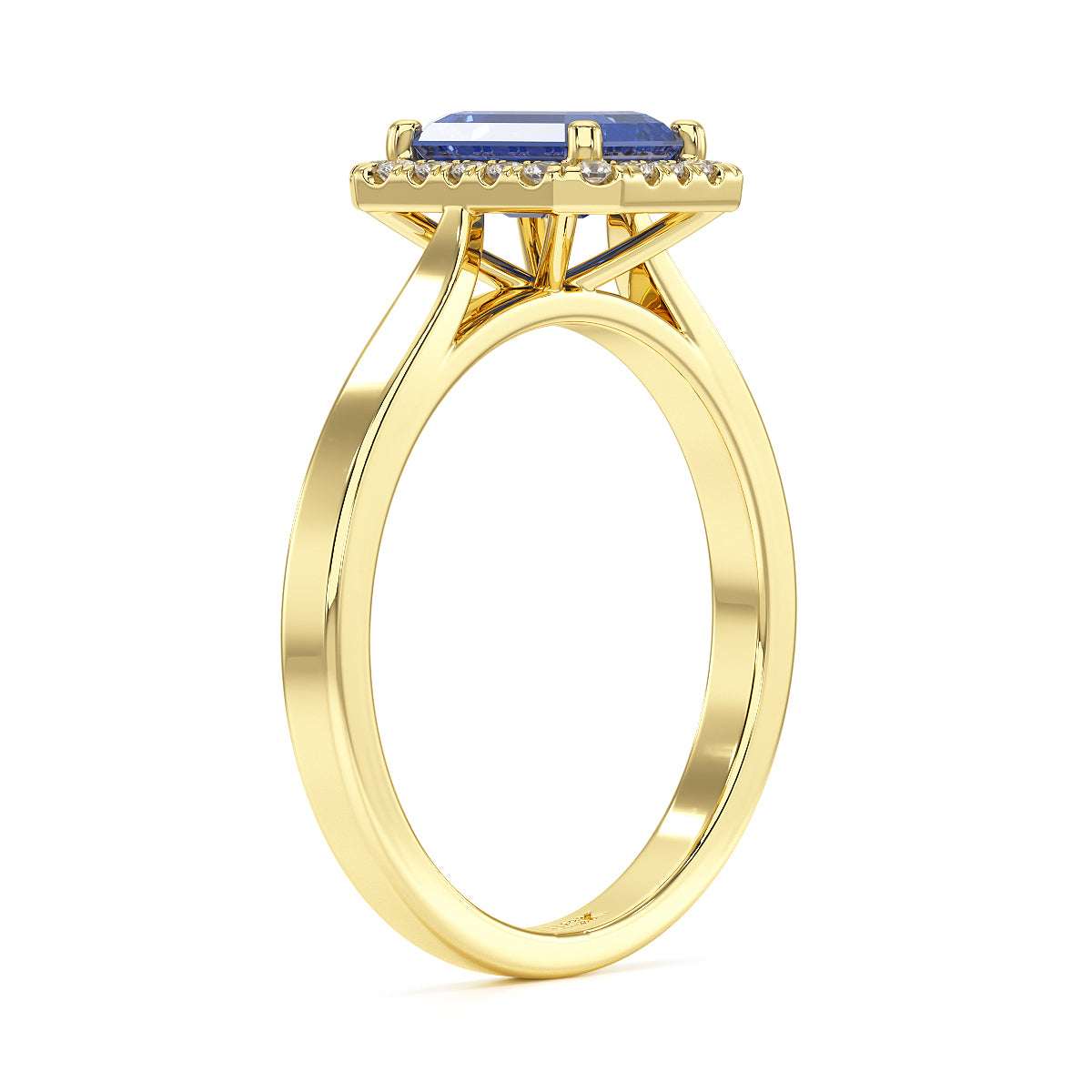 Rectangular Blue Sapphire Halo Ring in yellow gold