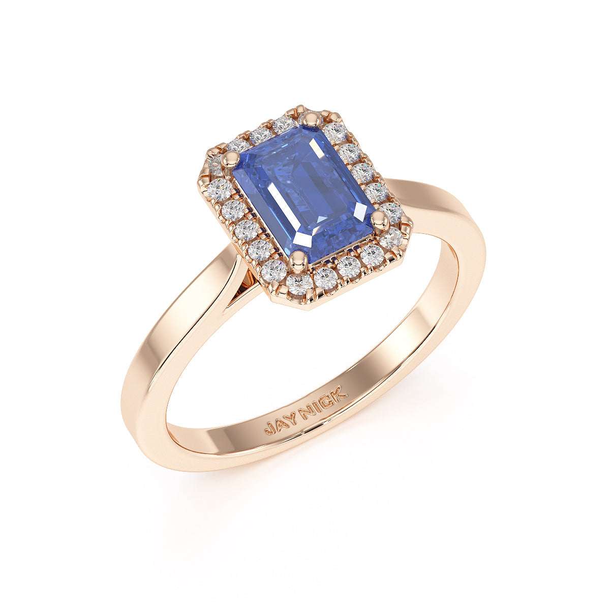Rectangular Blue Sapphire Halo Ring in rose gold