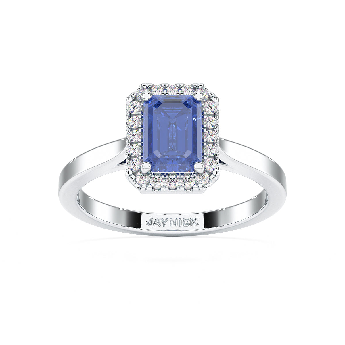Rectangular Blue Sapphire Halo Ring in white gold or platinum